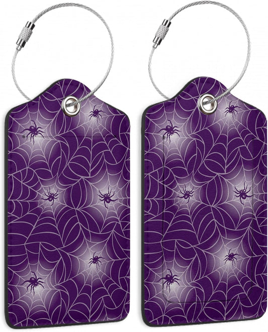 Halloween Luggage Tags Set of 2 Purple Spider Web Leather Suitcase Tags with Stainless Steel Loop and Privacy Cover for Women Men Travel Luggage Accessories