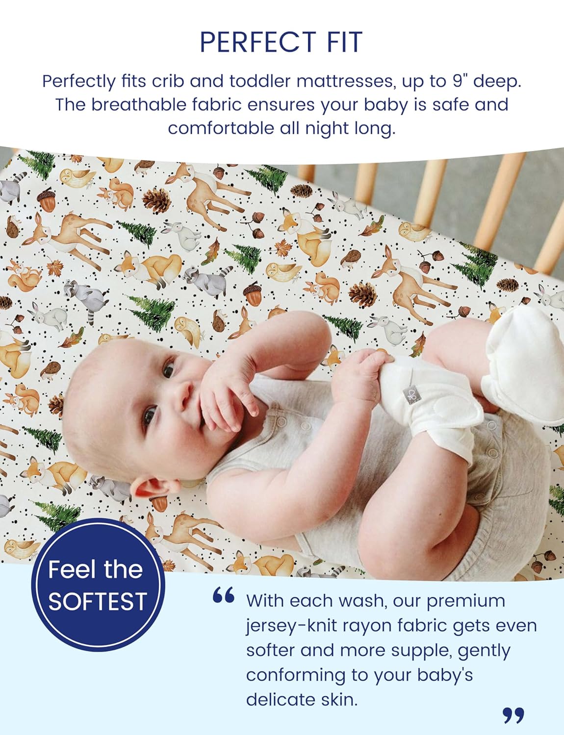TotAha Crib Sheets for Boys Girls, Premium Soft Crib Mattress Fitted Sheet, Super Stretchy Jersey Knit Baby Sheets, Silky Comfort Baby Bed Sheets 28x52x9 Extra Deep Pocket, 2 Pack (Forest Animals)