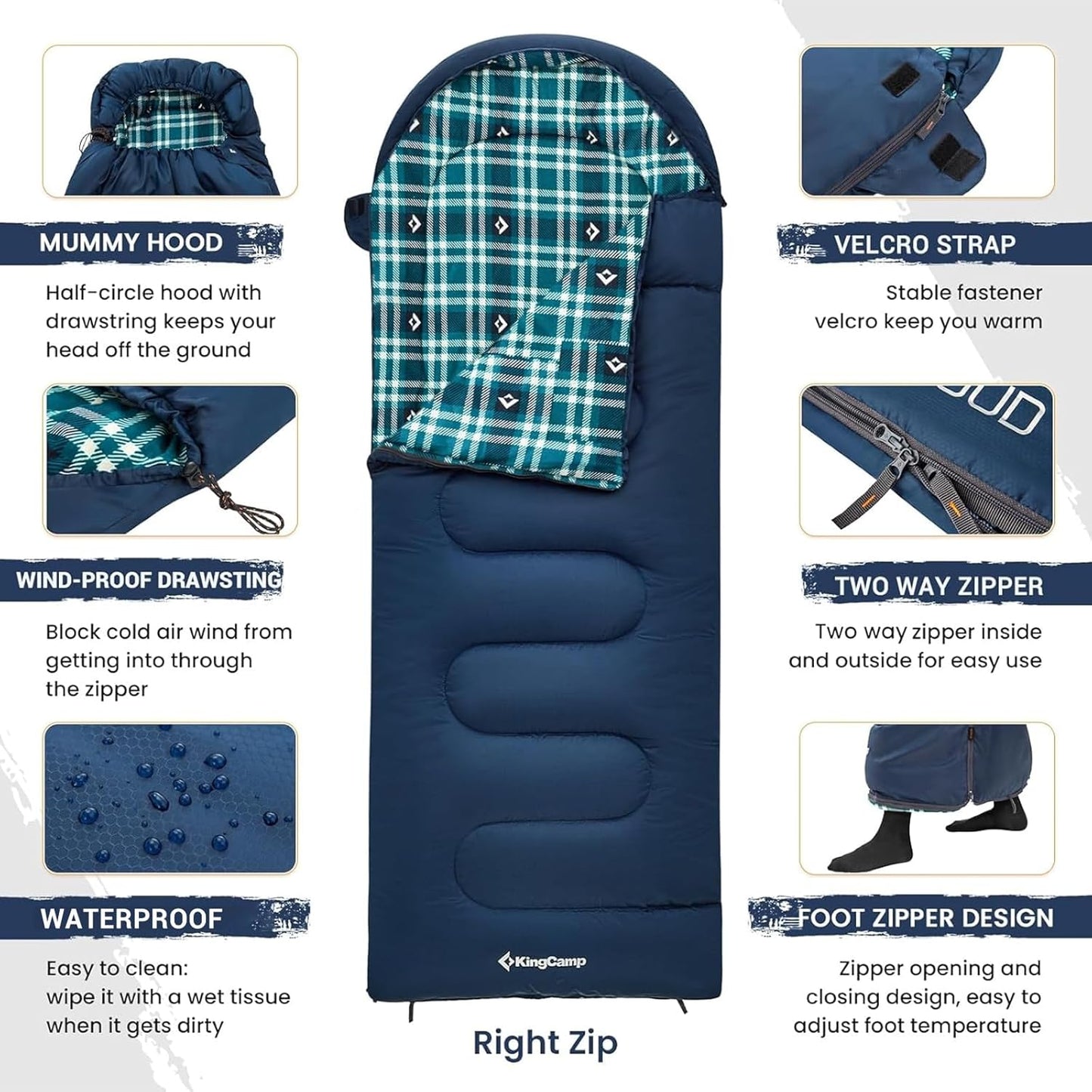 KingCamp Sleeping Bag for Adults, Cold Weather & Warm XL Big and Tall Flannel Sleeping Bags with Compression Sack Portable Waterproof Essentials Gear Accessories for Outdoor Camping