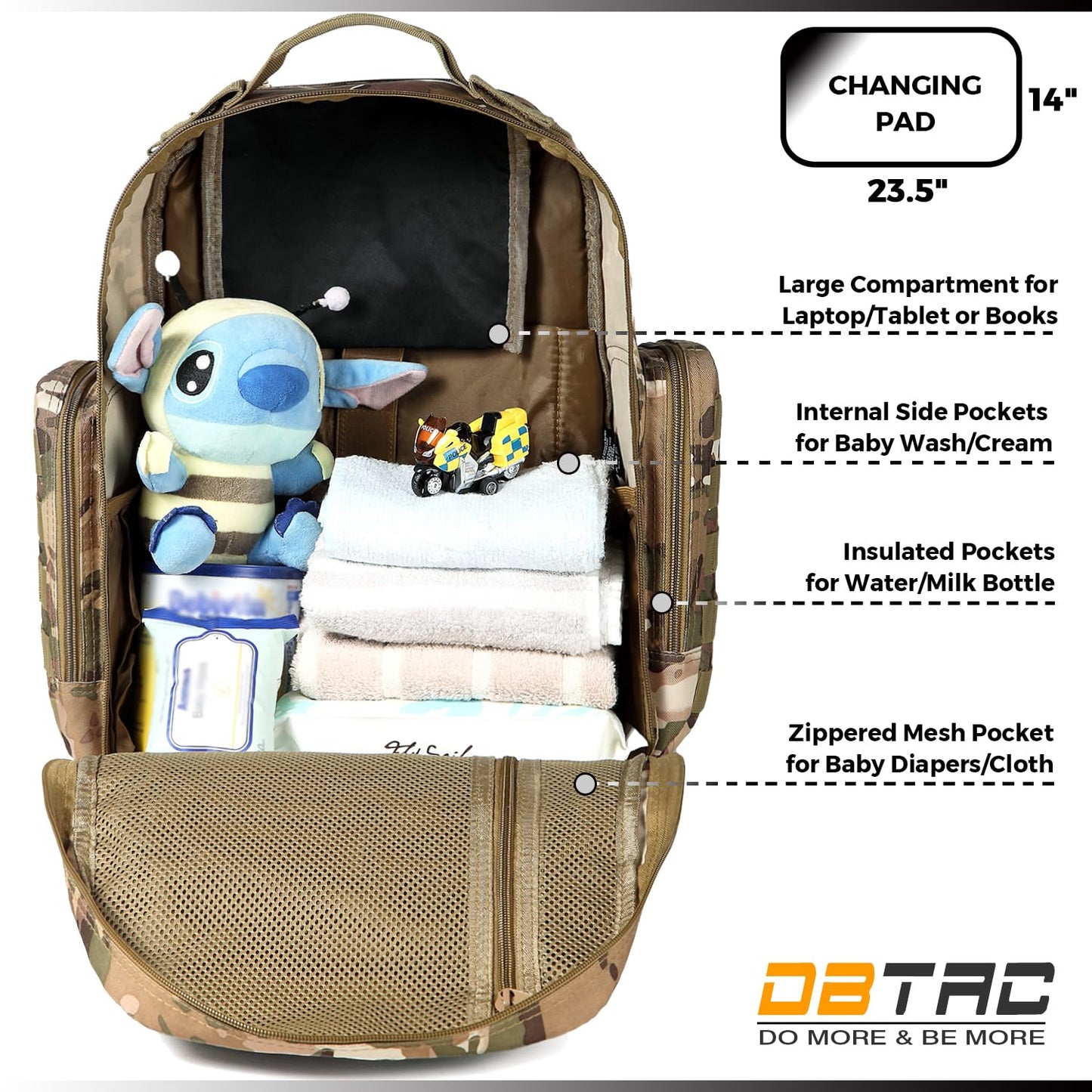Diaper Bag Backpack for Dad, DBTAC Large Baby Nappy Bag for Men w/Changing Mat, Insulated+Wipe Pockets, Stroller Straps, CP Camo