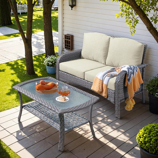 HOOOWOOO Patio Furniture Set,Outdoor High Back Loveseat Set,All Weather Wicker 2-Seater-Sofa Love Seat with Table,Beige