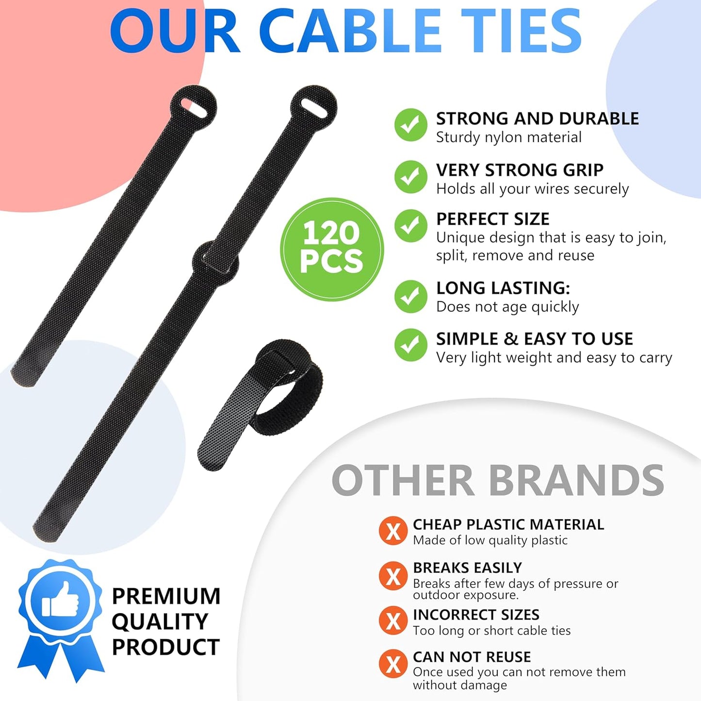 120 x Reusable Cable Ties Black, Adjustable Releasable Hook and Loop Cable Straps for PC Cable Management, Organizing Cords, TV, Desk