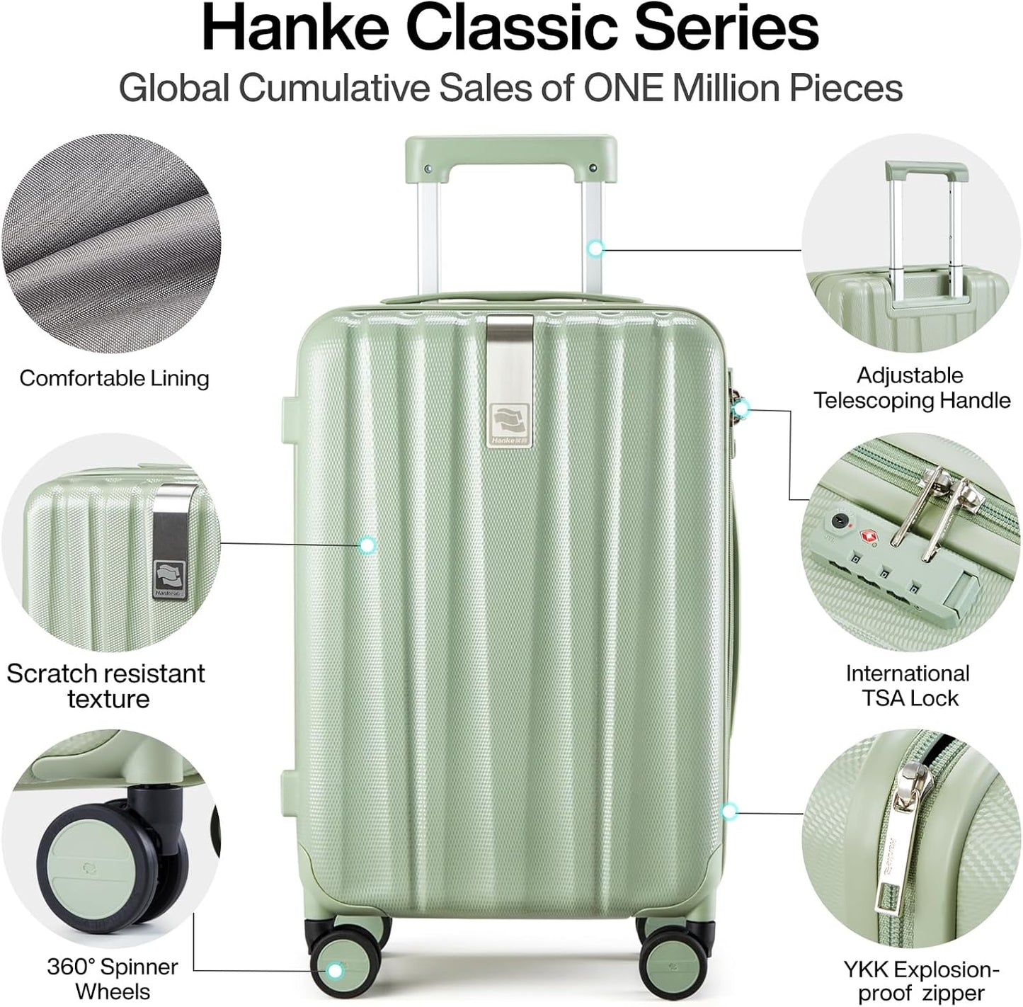 Hanke 20 Inch Carry On Luggage 22x14x9 Airline Approved Lightweight PC Hard Shell Suitcases with Wheels Travel Luggage Rolling Suitcase Travel Luggage Bag for Weekender(Bamboo Green)