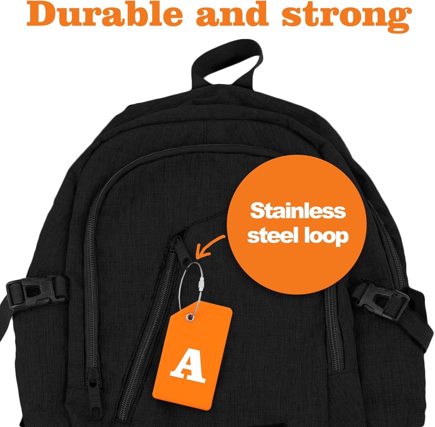 8 Pcs Luggage Tags for Suitcases, 26 Initial Letter Travel Luggage Baggage Identification Labels ID Tags Fully Bendable Tags with Stainless Steel Loop (Letter A, Orange)