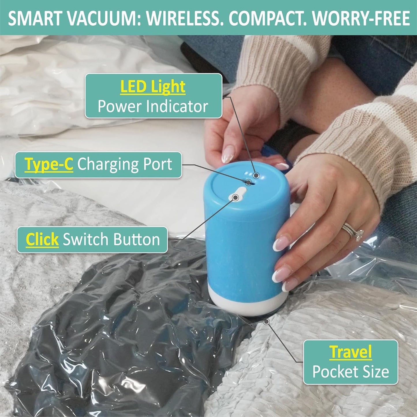 Cozy Essential Travel Vacuum Clothes Bags with Rechargeable Electric Pump for Luggage, Suitcase, Vacuum Seal Compression Space Saver Bags for Clothing, 8 Pack