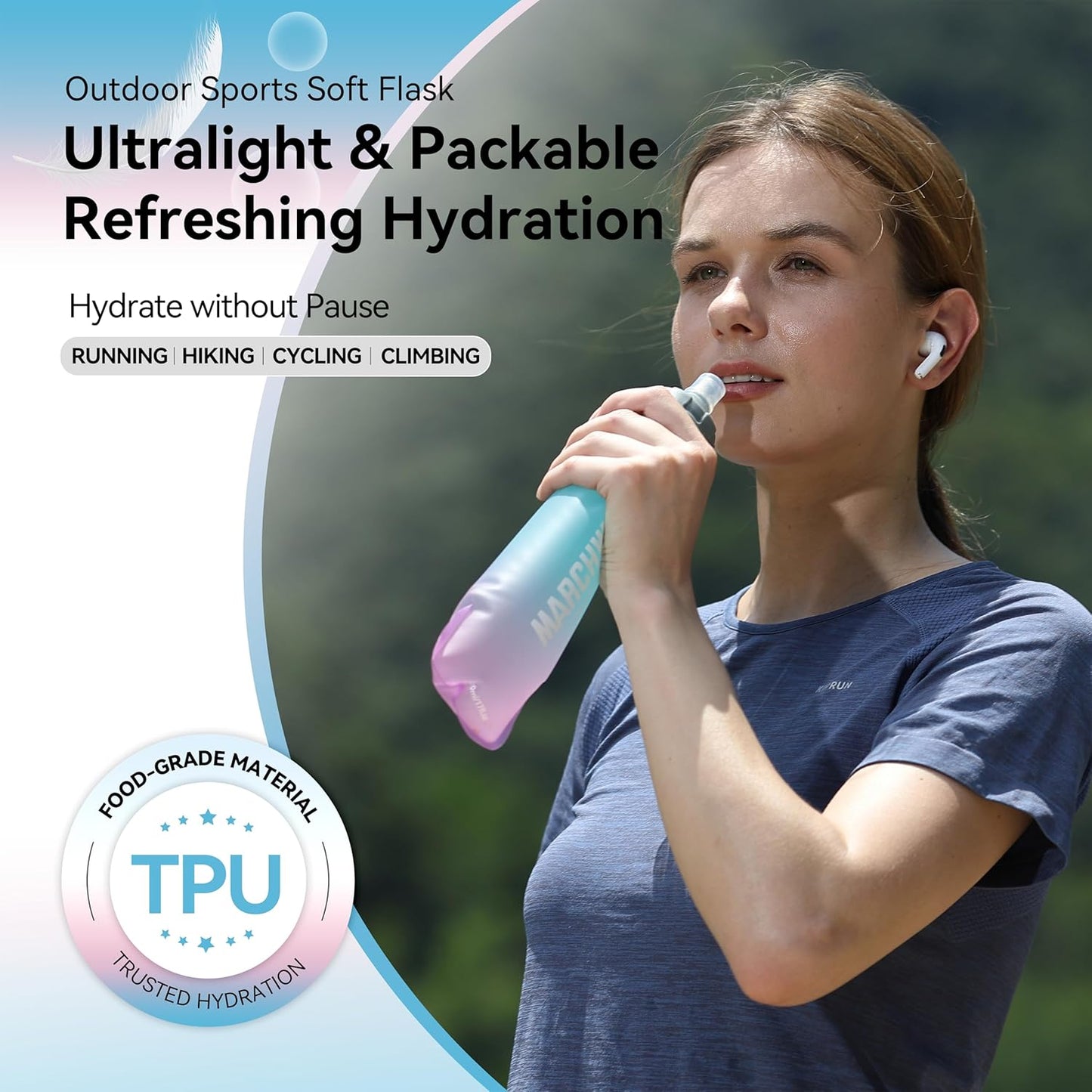 MARCHWAY Soft Hydration Flask with Wide Mouth, 300ml/500ml Collapsible TPU Water Bottle, Leakproof Portable Flexible for Running, Hiking, Cycling, Climbing, Gym, Travel (2pcs Blue-Purple 300ml)