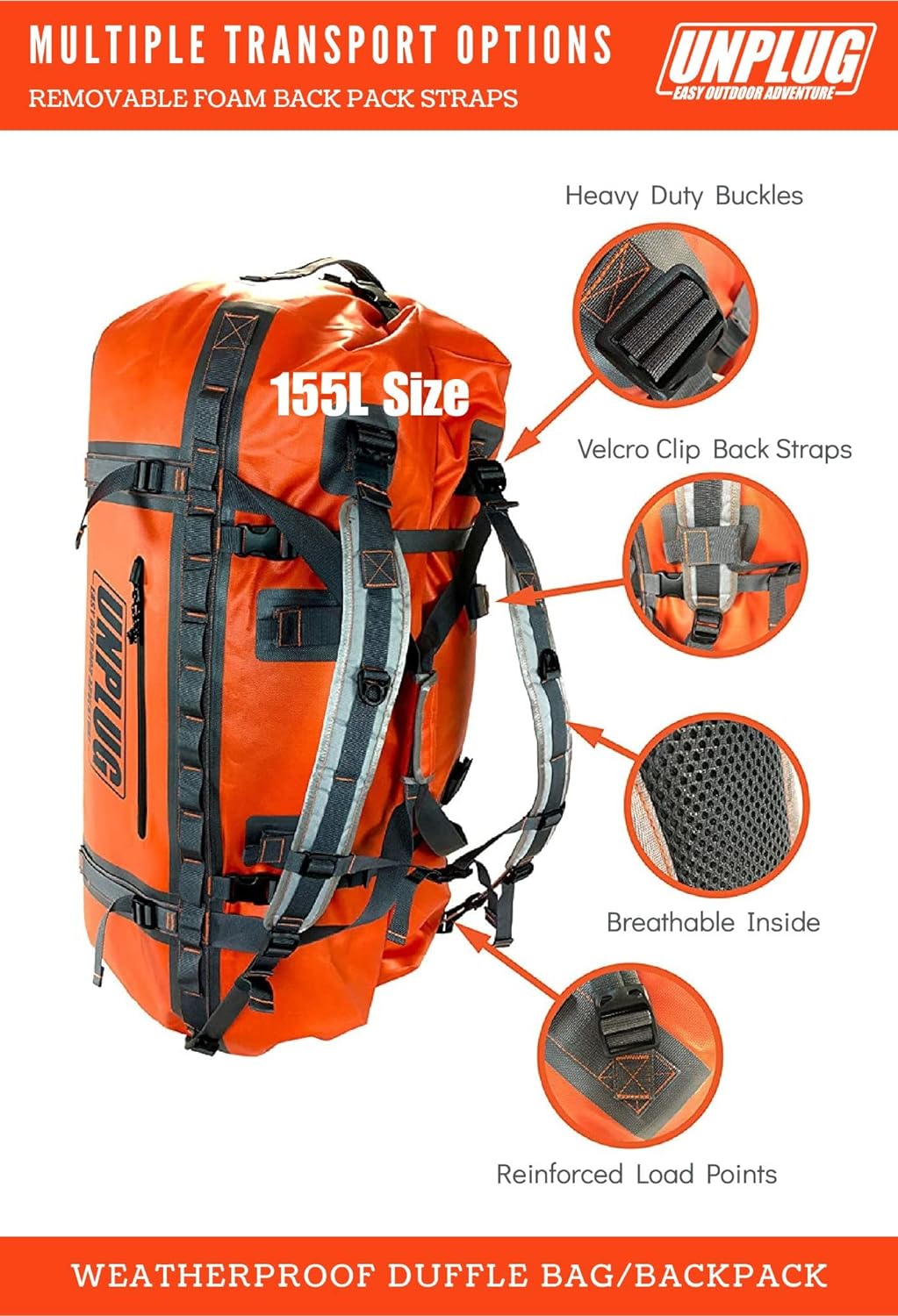 UNPLUG Ultimate Adventure Bag | 1680D Heavy Duty Waterproof Bag | Large Travel Duffle Bag which can be Used for Camping, Motorcycling, Boating, or Hunting (65L Adventure Orange)