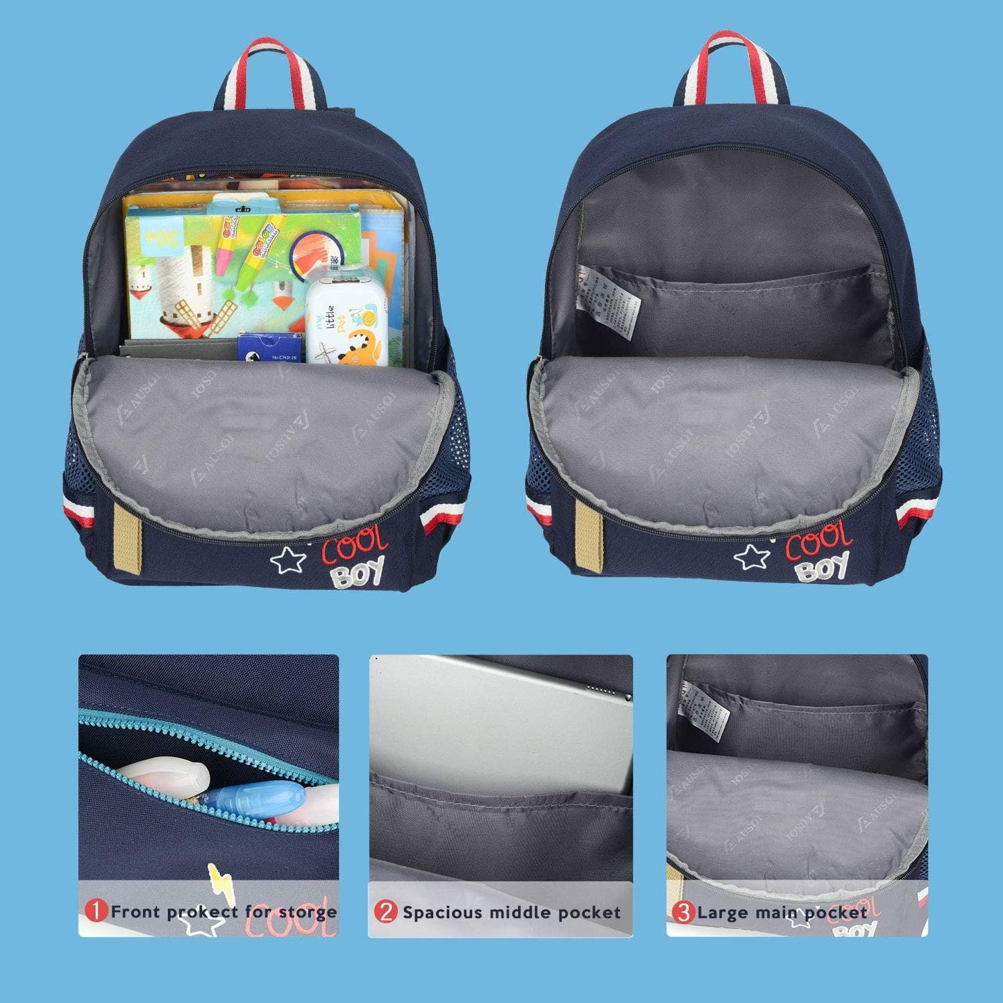 willikiva Cartoon Bus 12 Kindergarten Backpack for Kids Girls and Boys,Waterproof Preschool Toddler Backpack Wiht Leash and Safety Harness(Deep Blue)