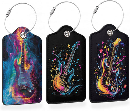 Electric Guitar Neon 3 PCS PU Leather Luggage Tags for Suitcase, Color Burst Guitar Luggage Tag with Privacy Flap, Name ID Label and Metal Loop for Women Men Baggage Handbag School Bag Backpack