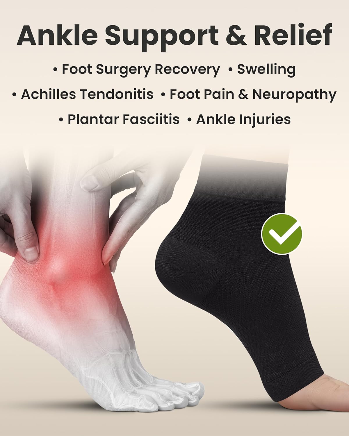 KEMFORD Ankle Compression Sleeve - Plantar Fasciitis Braces - Open Toe Compression Socks for Swelling, Sprain, Neuropathy, Foot Arch Support for Men and Women - 15-20mmhg, L, Black