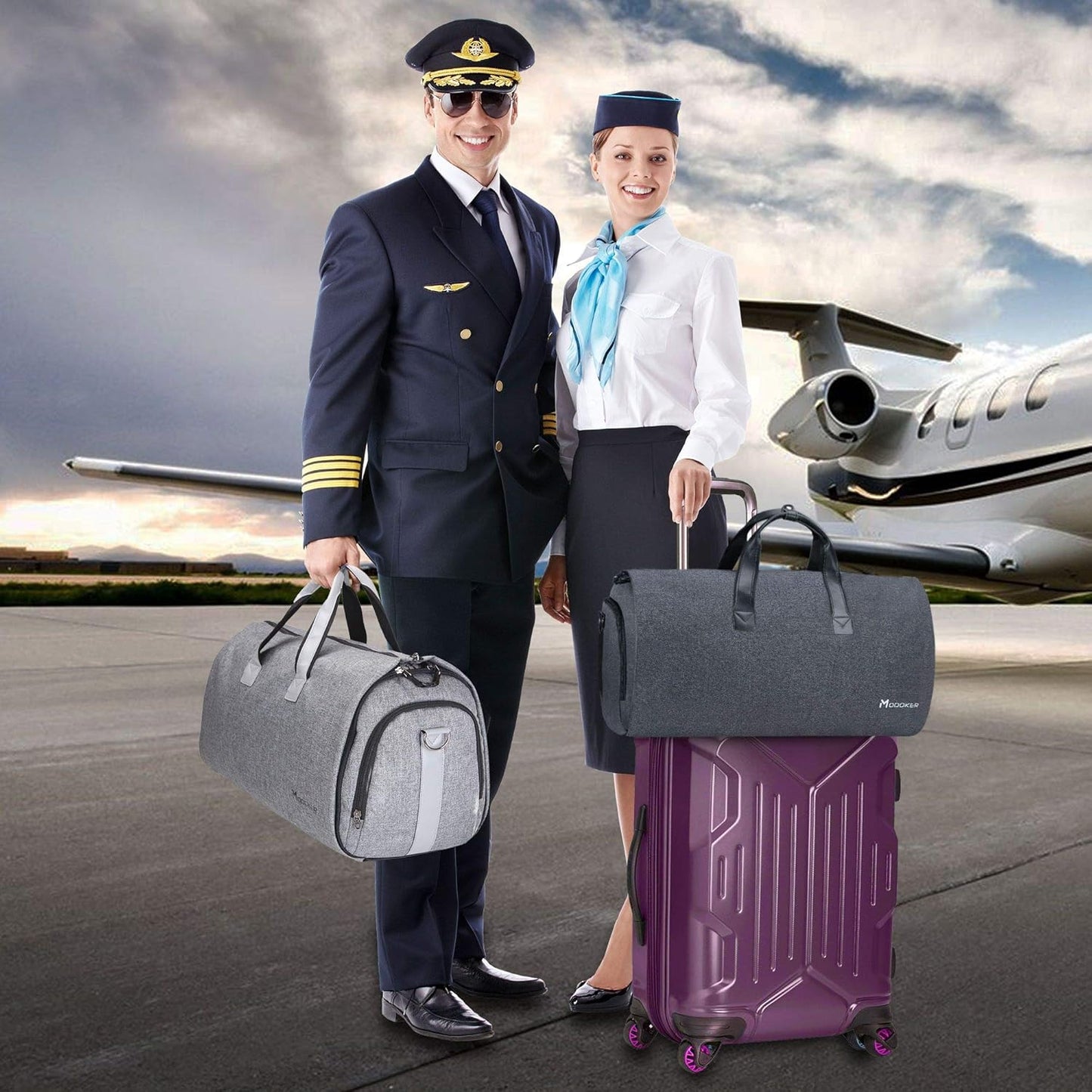 Modoker Convertible Garment Bag with Shoulder Strap, Carry on Garment Duffel Bag for Men Women - 2 in 1 Hanging Suitcase Suit Travel Bags (Grey)