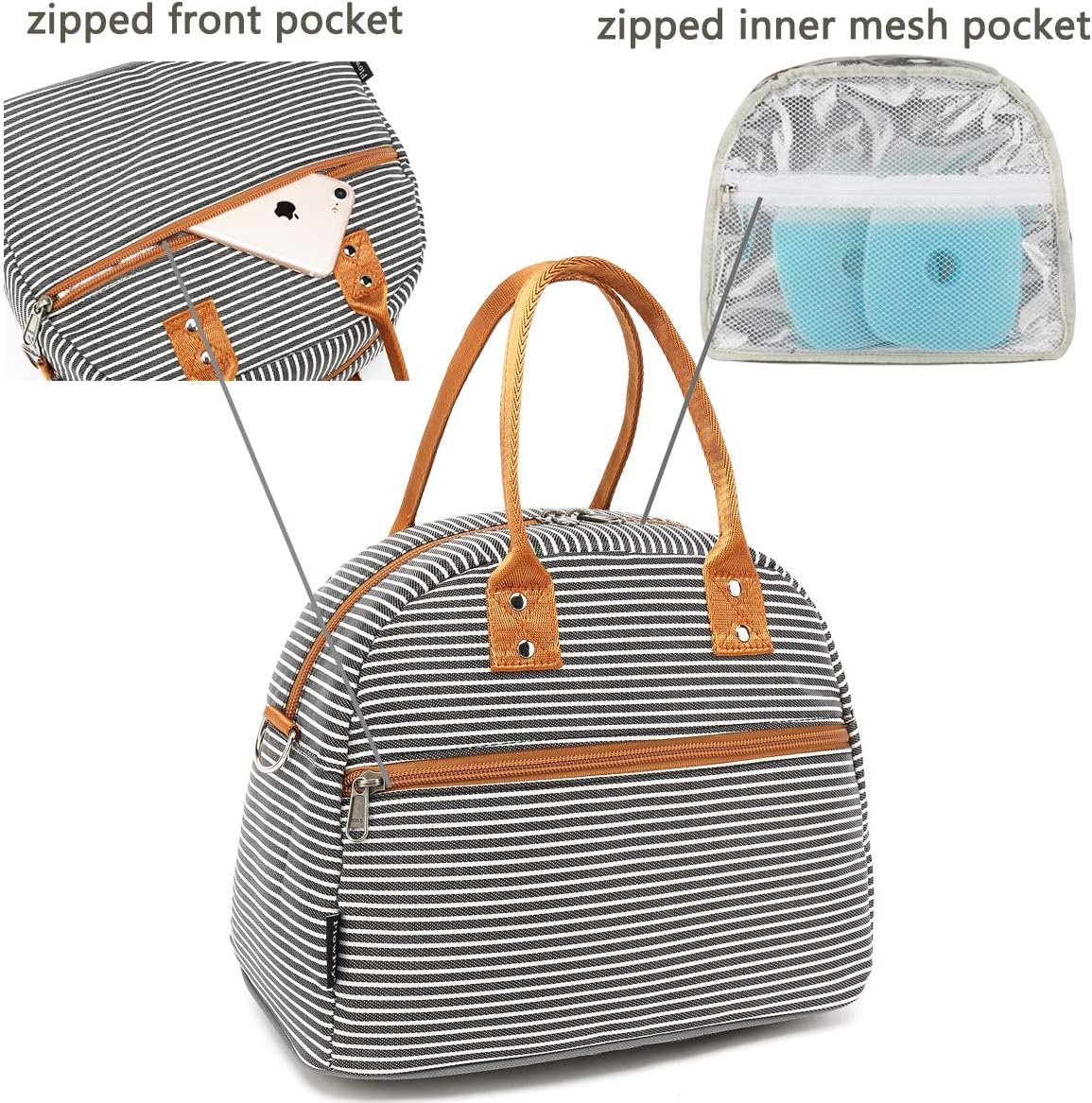 FlowFly Insulated Lunch Bag With Shoulder Strap for Women, Men, and Kids, Large and Reusable, Handle, Freezable Work and School Travel Tote and Meal Prep Organizer,White and Black Stripes