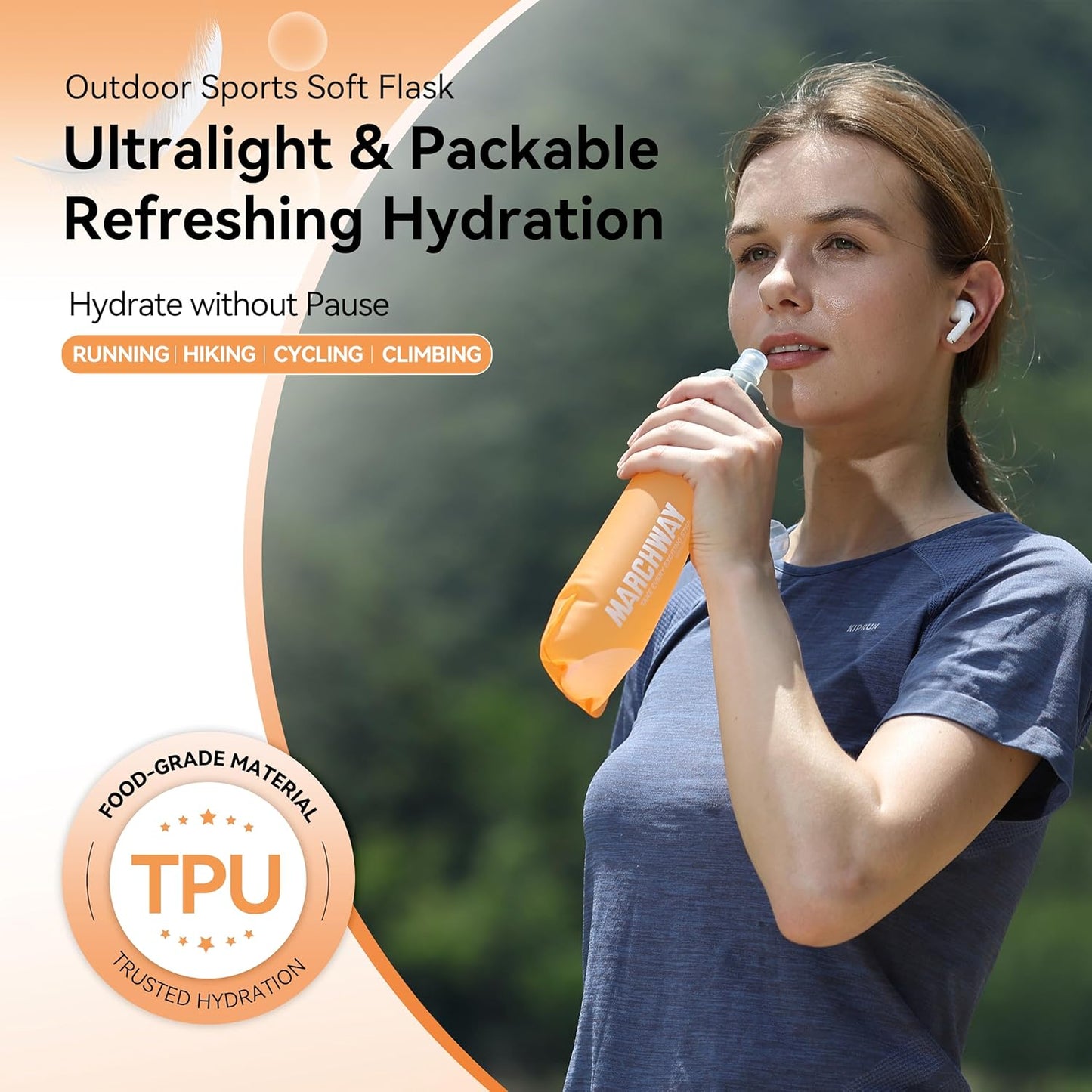 MARCHWAY Soft Hydration Flask with Wide Mouth, 300ml/500ml Collapsible TPU Water Bottle, Leakproof Portable Flexible for Running, Hiking, Cycling, Climbing, Gym, Travel (2pcs Orange 300ml)