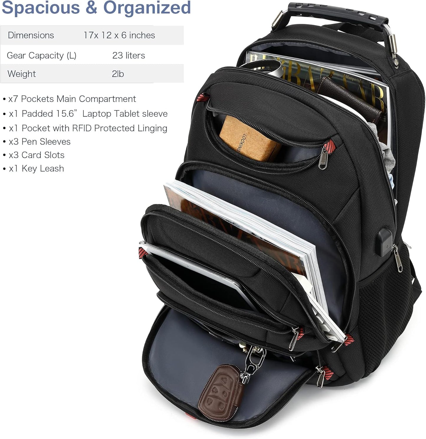 Boniyee Travel Backpack 17.3 Inch, Business Anti-Theft Laptop Bag with USB Charging Port, Waterproof