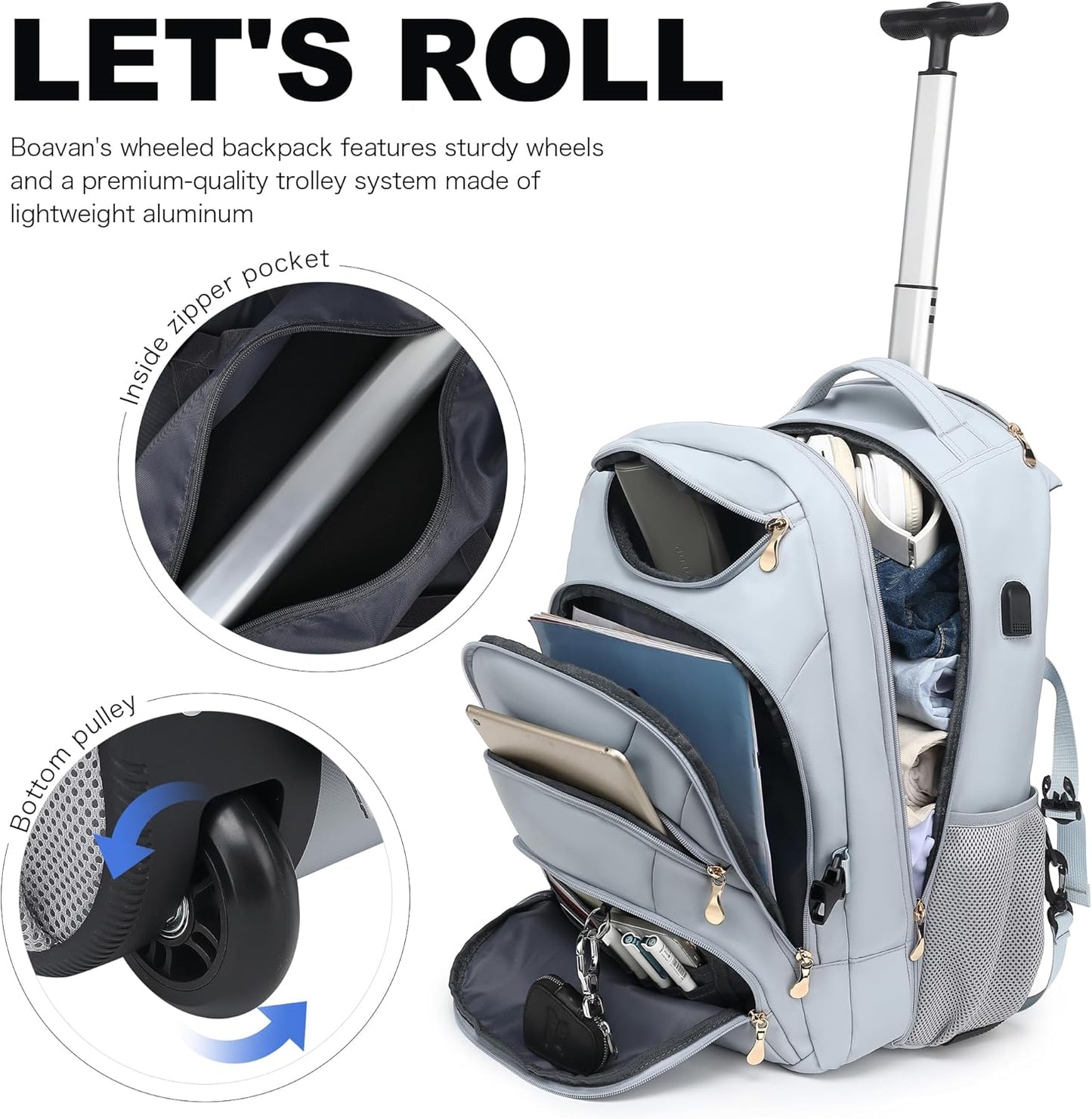 Boavan Rolling Backpack for Women, 17.3 Inch Wheeled Laptop Backpack,Large Travel Carry-On Bag for Teachers College Students, USB Charging Port Waterproof Business for Airplane Overnight Luggage，Blue