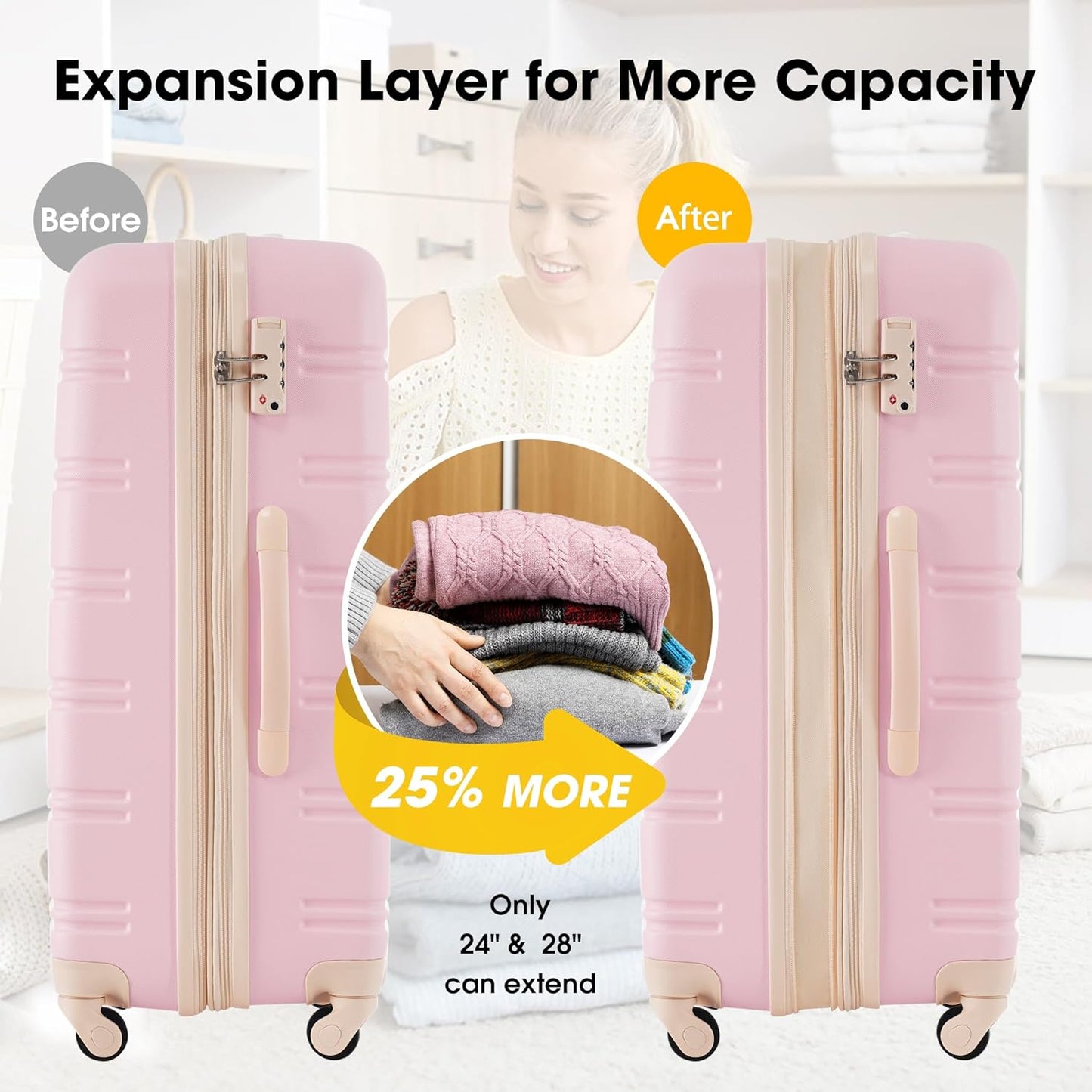 Merax Luggage sets of 2 Piece 20 24 IN Carry on Luggage Hard Case White Pink Luggage Expandable Checked Luggage Suitcase Set with Wheels