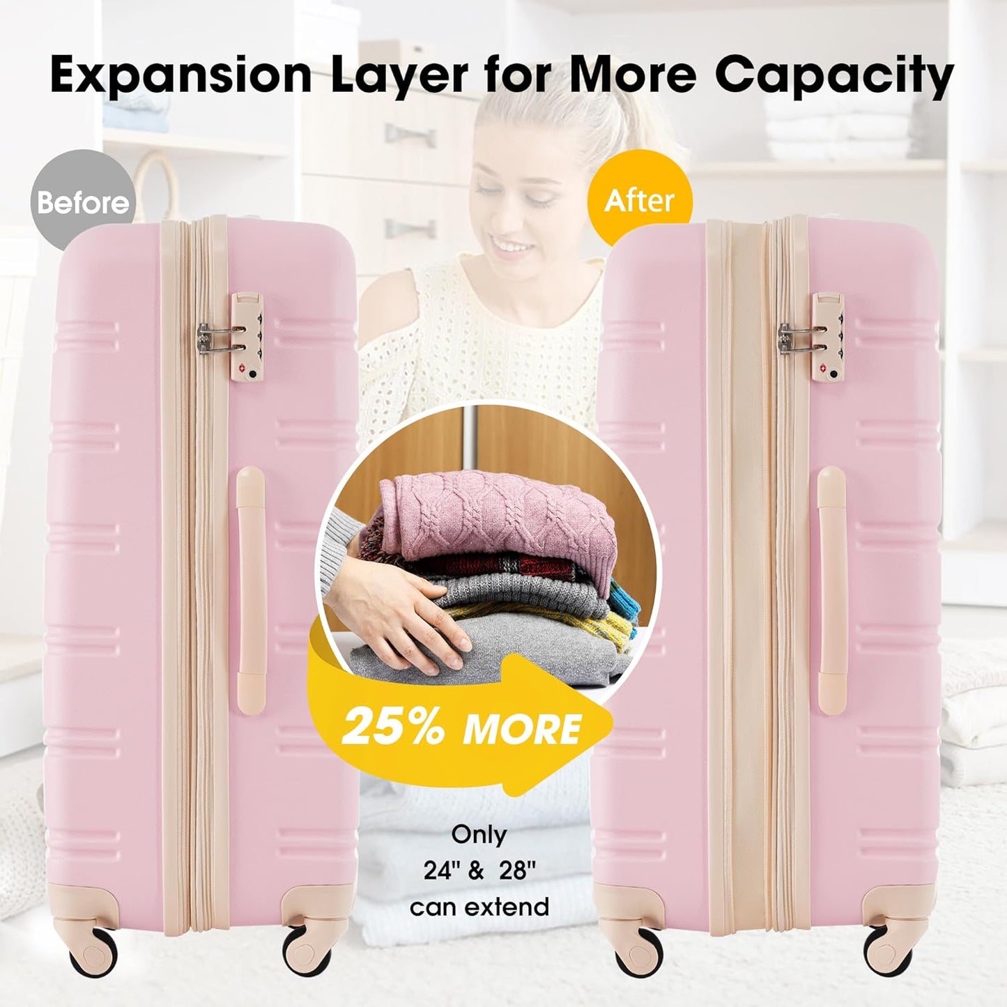 Merax Luggage sets of 13 Piece 16 20 24 28 IN Carry on Luggage sets 4 piece Hardcase Light Pink Luggage Expandable Suitcase Set with Wheels