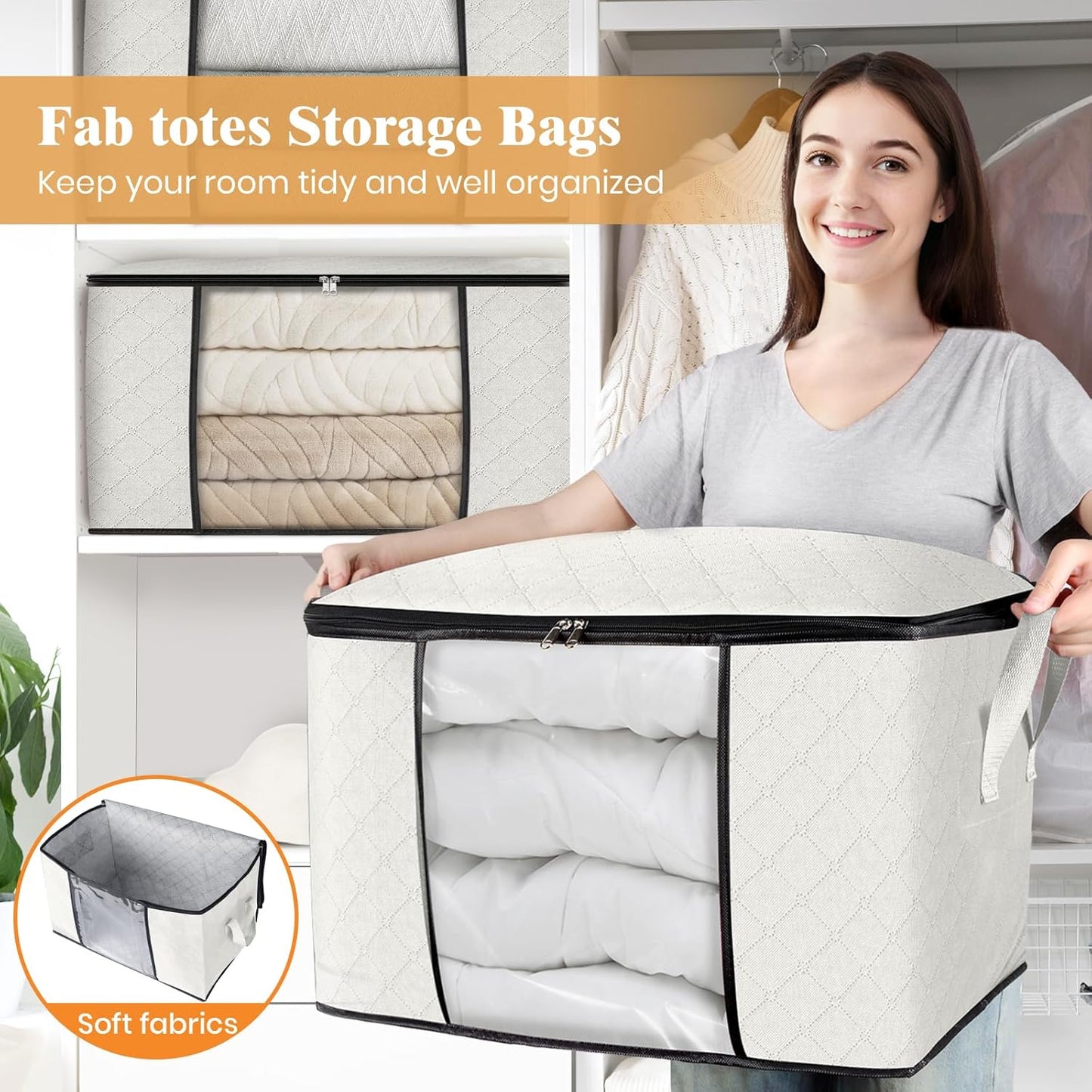 Fab totes 24 Gallons Clothes Storage, Foldable Thick Fabric Blanket Storage Bags, Containers for Organizing Bedroom, Closet, Clothing, Comforter, Organization with Handle (6 Pack,Ivory)