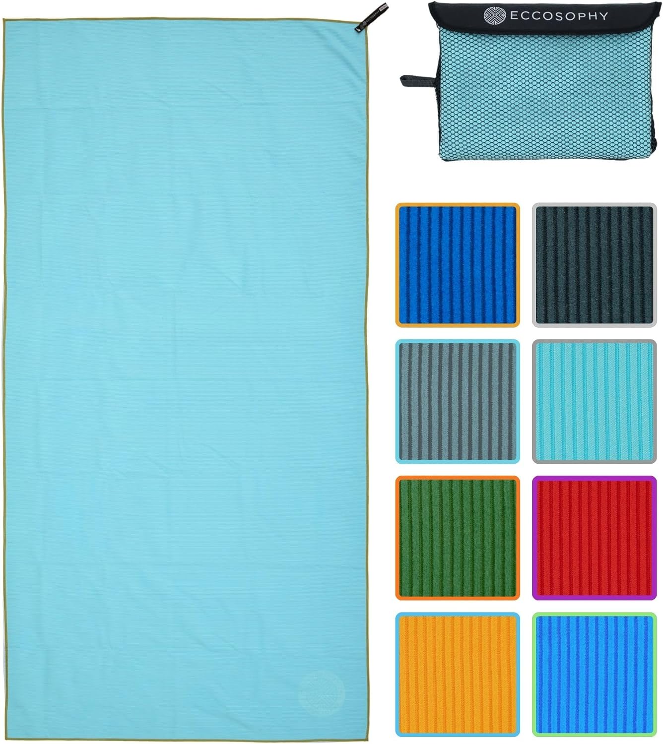 ECCOSOPHY Microfiber Beach Towel – Quick Dry Gym Towel, Highly Absorbent with Ribbed Texture, Lightweight – Ideal for Travel, Pool, Yoga, Fitness & Outdoor Adventures – 71x35 Aqua