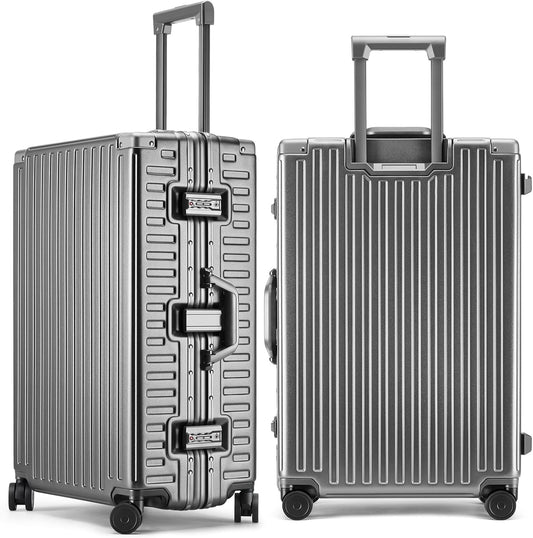 ROAMING Zipperless Luggage 26 Inch with Aluminum Frame, Checked-Large Lightweight 3-Layer PC Hard Shell Suitcase with Spinner Wheels, Metal Travel Luggage with Three TSA Locks, gray