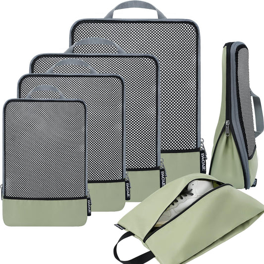 BAGAIL 4 Set/6 Set/8 Set Compression Packing Cubes Travel Accessories Expandable Packing Organizers (Half Mesh, 6-Matcha Green)