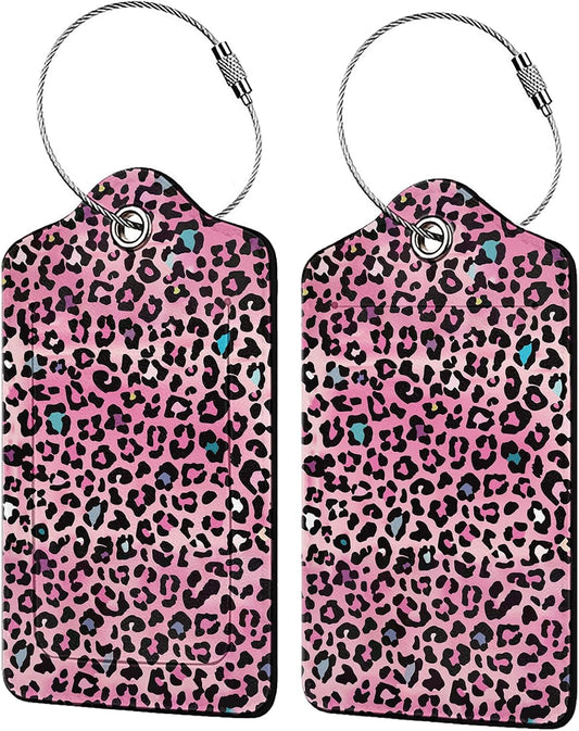 Pink Leopard Print Luggage Tags for Suitcases,2 Pack Luggage Tag, Leather Stainless Steel Loop Label Tag for Women Girl Travel Bag Suitcase