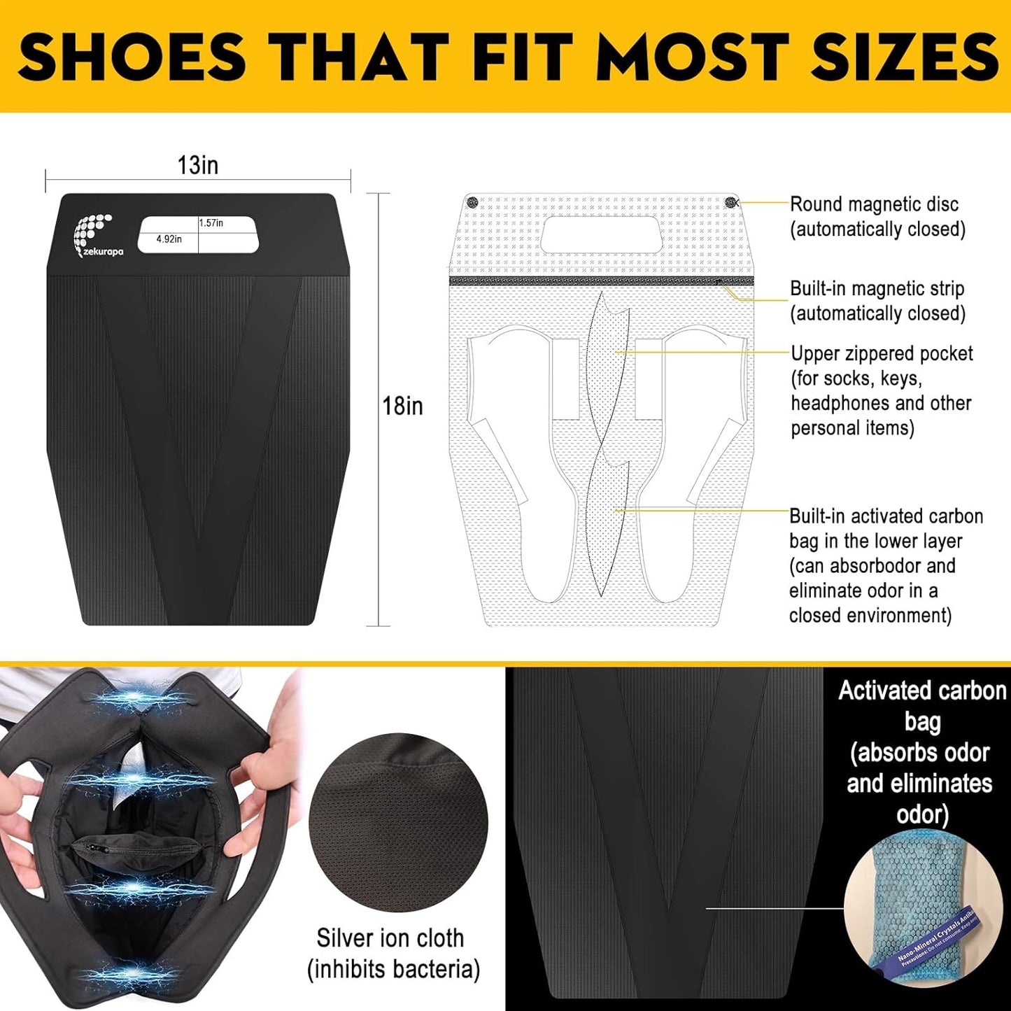 Shoe Bag，Shoe Bags for Travel，Golf Shoe Bag，Cleat Bags for Sports Smell Proof，New Upgraded Waterproof, Anti-odor, Remove odor（Double magnetic closure design）
