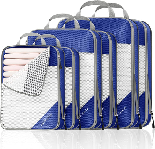 Compression Packing Cubes 6 Set, Compressible Space-Saving Packing Cubes for Travel - Compression Bags, Luggage Organizer, Travel Essentials for Women, Royal Blue