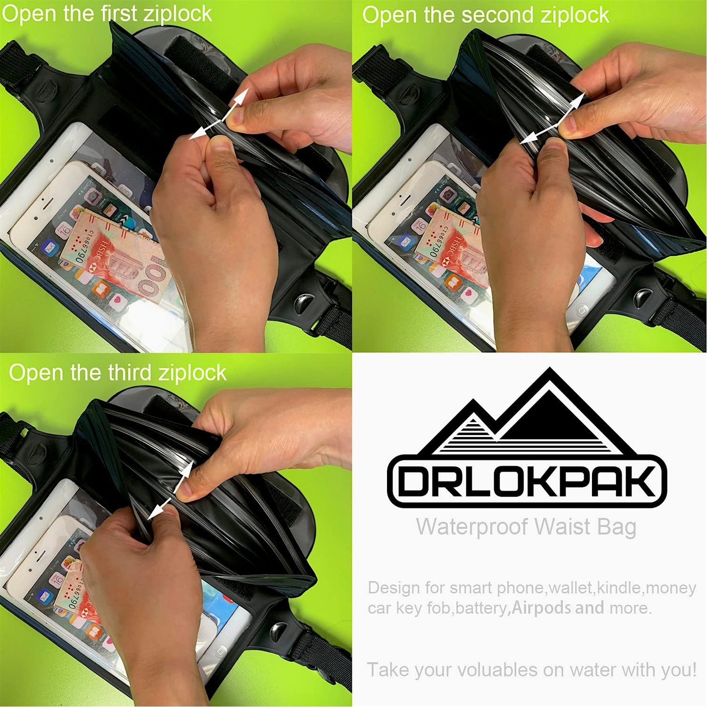 DRLOKPAK Waterproof Waist Bag Pouch Fanny Pack Bum Bag with Secret Holder Keeps Your Phone Kindle Wallet Watch & Valuables Dry - Perfect for Surf Canoe Swim Snorkel Dive Beach Pool(Lime Green)