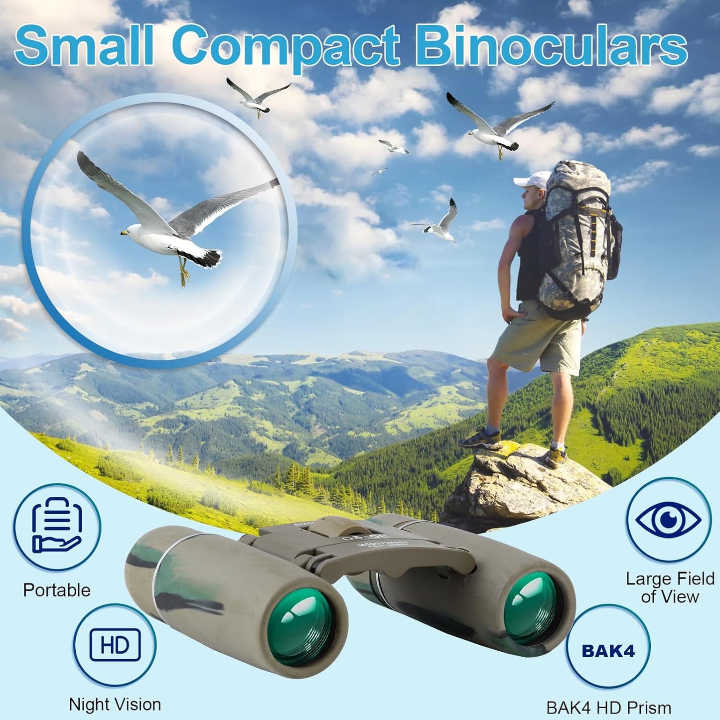 PISEZ 30X60 Compact Binoculars for Adults and Kids，Lightweight Foldable Easy Focus Small Binoculars for Bird Watching Hunting Concert Traveling Theater Opera Sightseeing