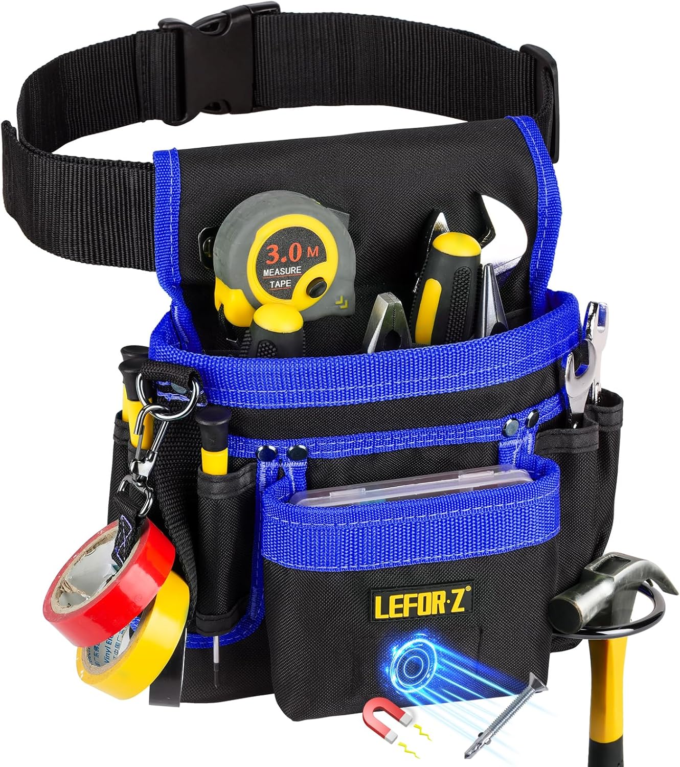 Tool Belt,Magnetic Tool Pouch,14-Pockets Tool Belts for Men,Detachable & Adjustable Tool Pouch belt for Electrician,Carpenter,Construction,Work Apron,Utility Belt,Black-Blue