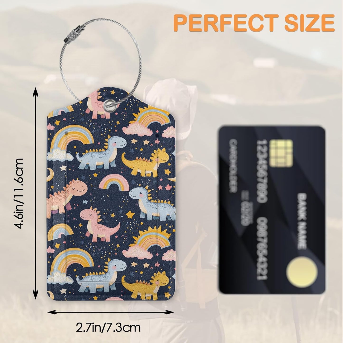 Cute Funny Dinosaurs 3 PCS Luggage Tags, Colorful Dinosaurs Leather Suitcase Tags with Privacy Cover Name Address Labels and Durable Steel Loop for Men/Women Travel Bag Suitcases