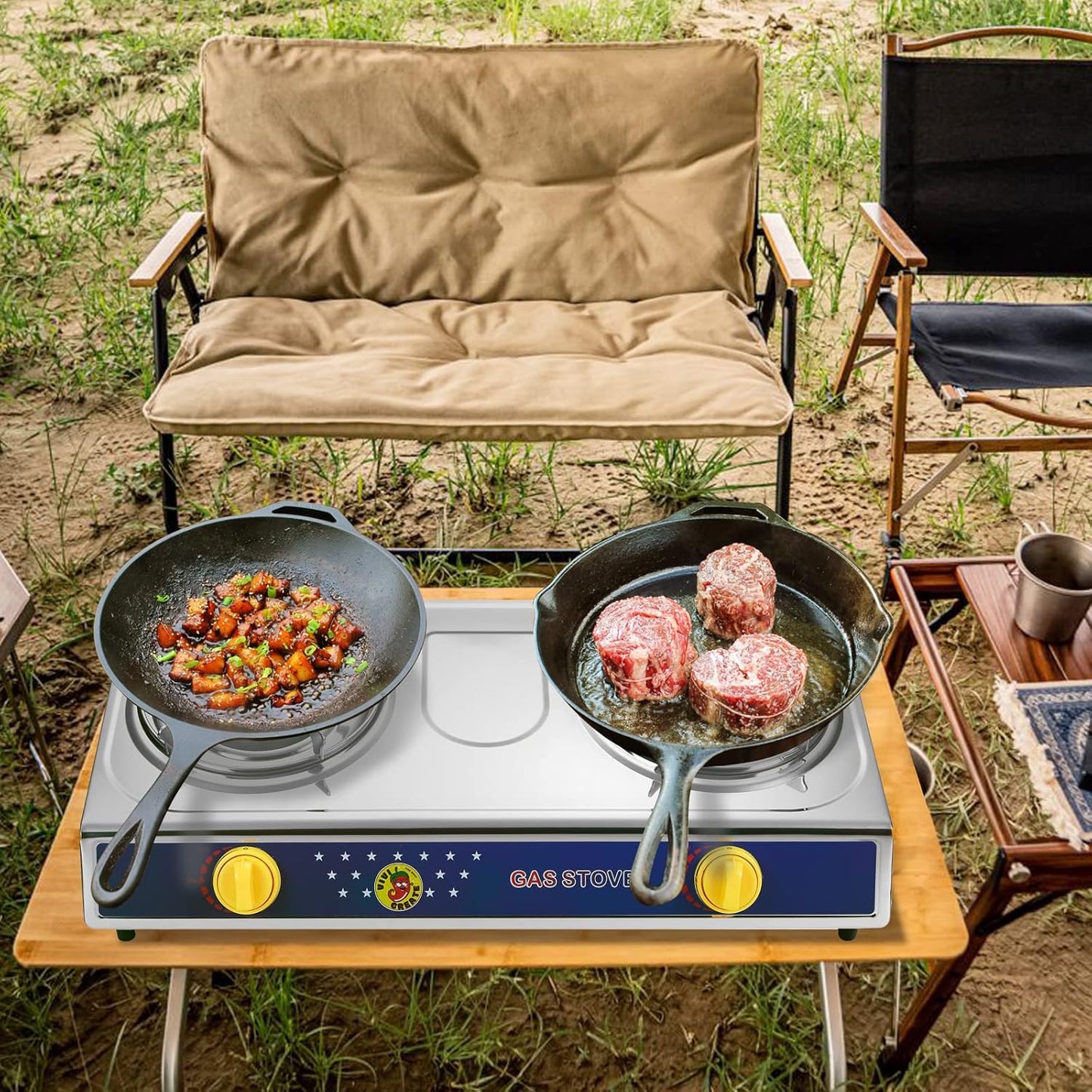 Vivicreate 2 Burner Propane Gas Stove Outdoor Cooking Portable Double Burner Propane Cooktop Burners for Camping BBQ Patio Frying Fogon Estufa Portatil Parrillas de Gas