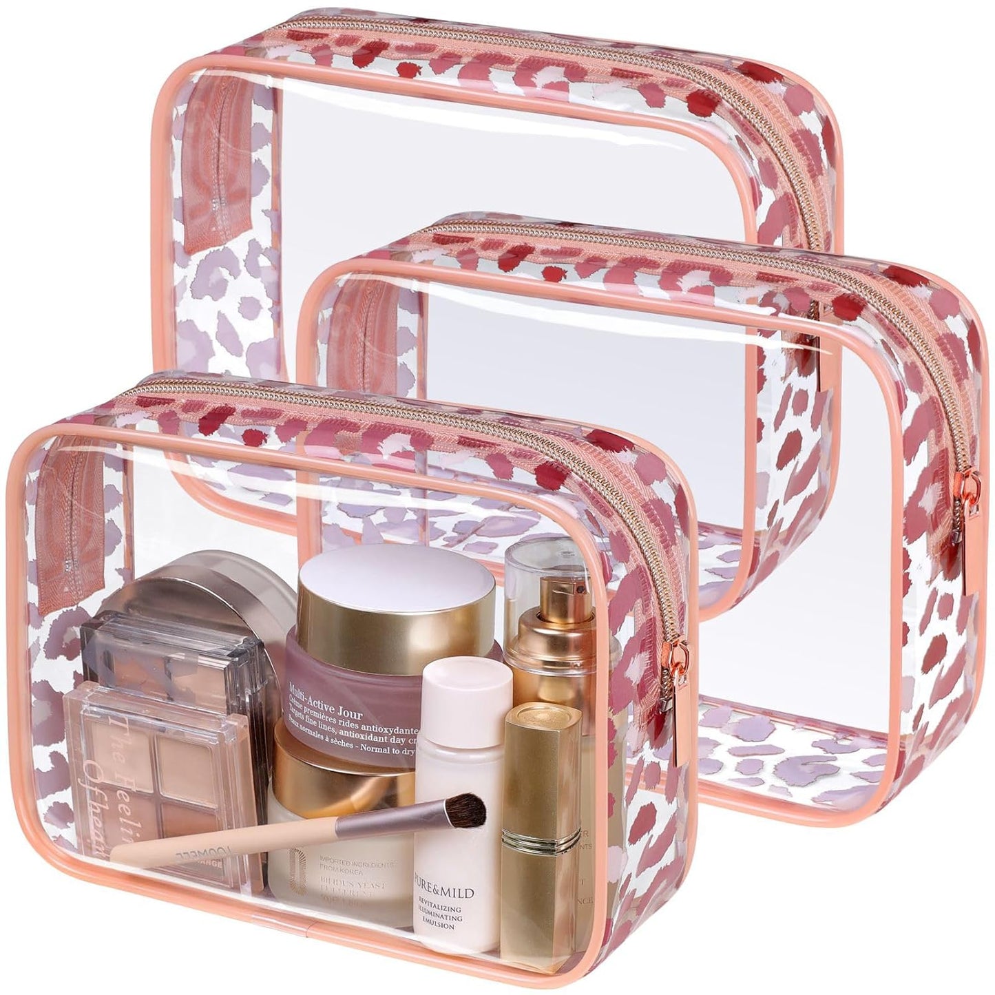 PACKISM TSA Approved Toiletry Bag - Rose Gold Leopard Print Clear Makeup Bag, Suitable for Gifts, with Supporting Frame, Perfect for Travel Essentials, Thick No Smell