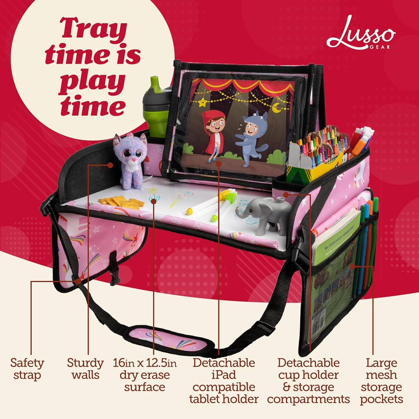 Lusso Gear Car Seat Travel Tray for Toddlers - Pink Unicorn, 600D Oxford Cloth - Dry Erase Activity Table & Tablet Holder - Airplane Tray Table Cover for Kids & Road Trip Essential