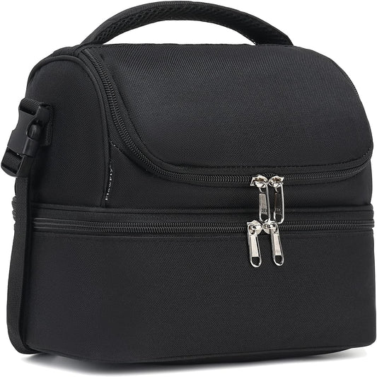 FlowFly Double Decker Cooler Insulated Lunch Bag Large Tote for Boys, Girls, Men, Women, With Adjustable Strap,Black