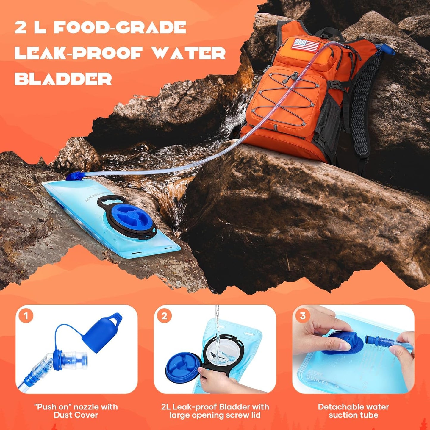 Maelstrom Hydration Hiking Backpack with 2L/3L Water Bladder, High Flow Bite Valve Camping Daypack Lightweight