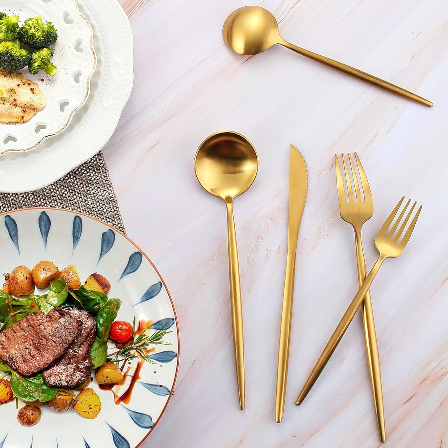 60-Piece Stainless Steel Flatware Set - Matte Gold, Dishwasher Safe, Includes Knives, Spoons, Forks, Satin Finish