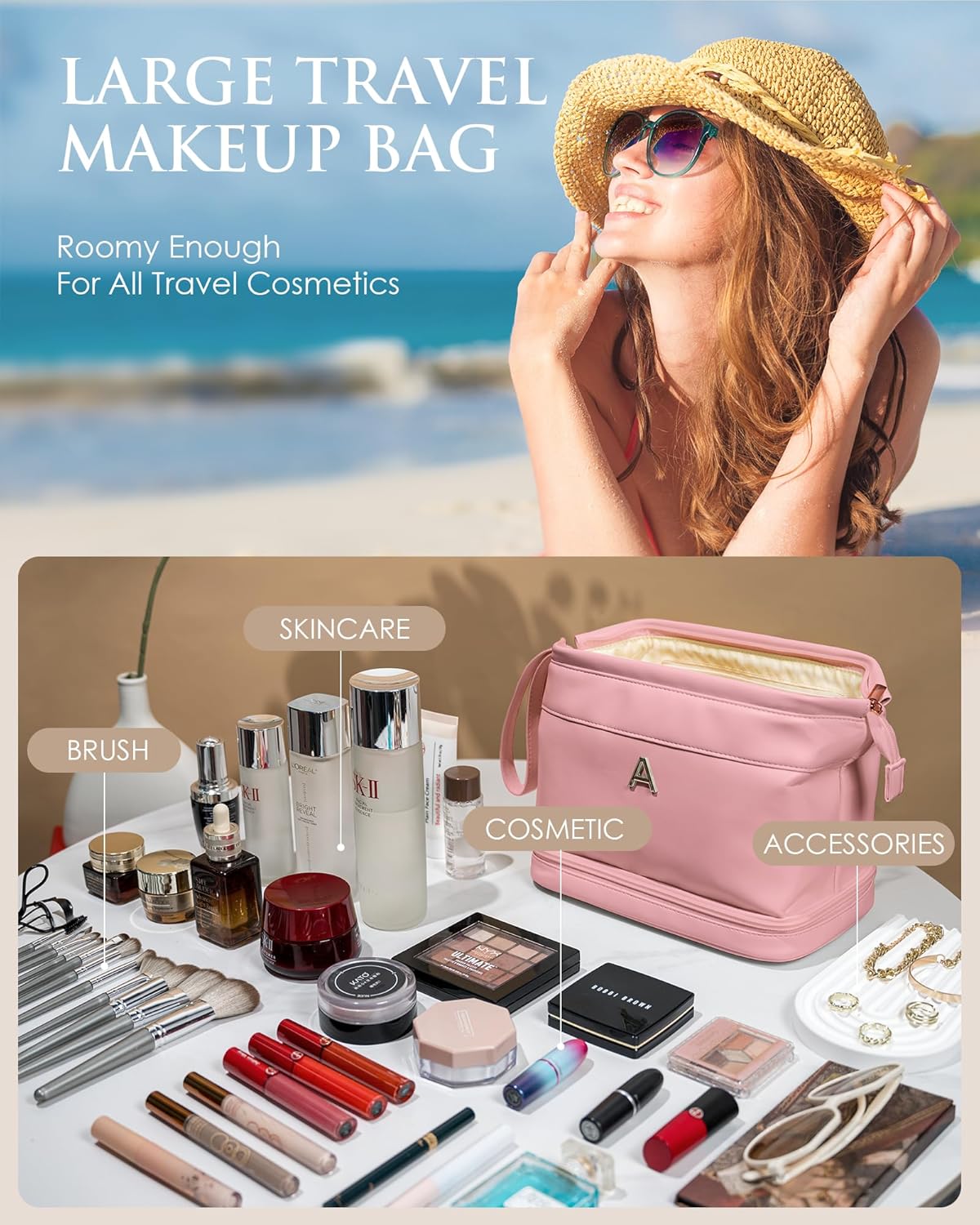 Travel Essentials for Friends Female Mom, Personalized Makeup Bag, Double Layer Cosmetic Bag with Makeup Brush Organizer, Waterproof, Large Capacity PU Leather Toiletry Bag Customized Gifts