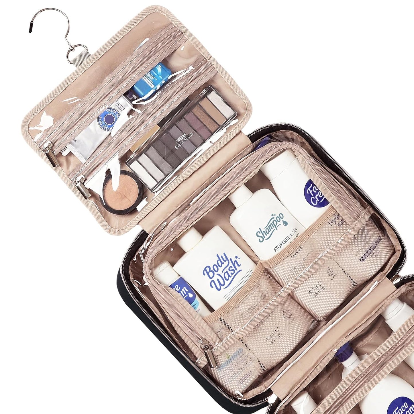 NISHEL Travel Toiletry Bag for women, Portable Hanging Organizer for Full-Sized Shampoo, Conditioner, Brushes Set, Makeup Accessories, Large Size, Black