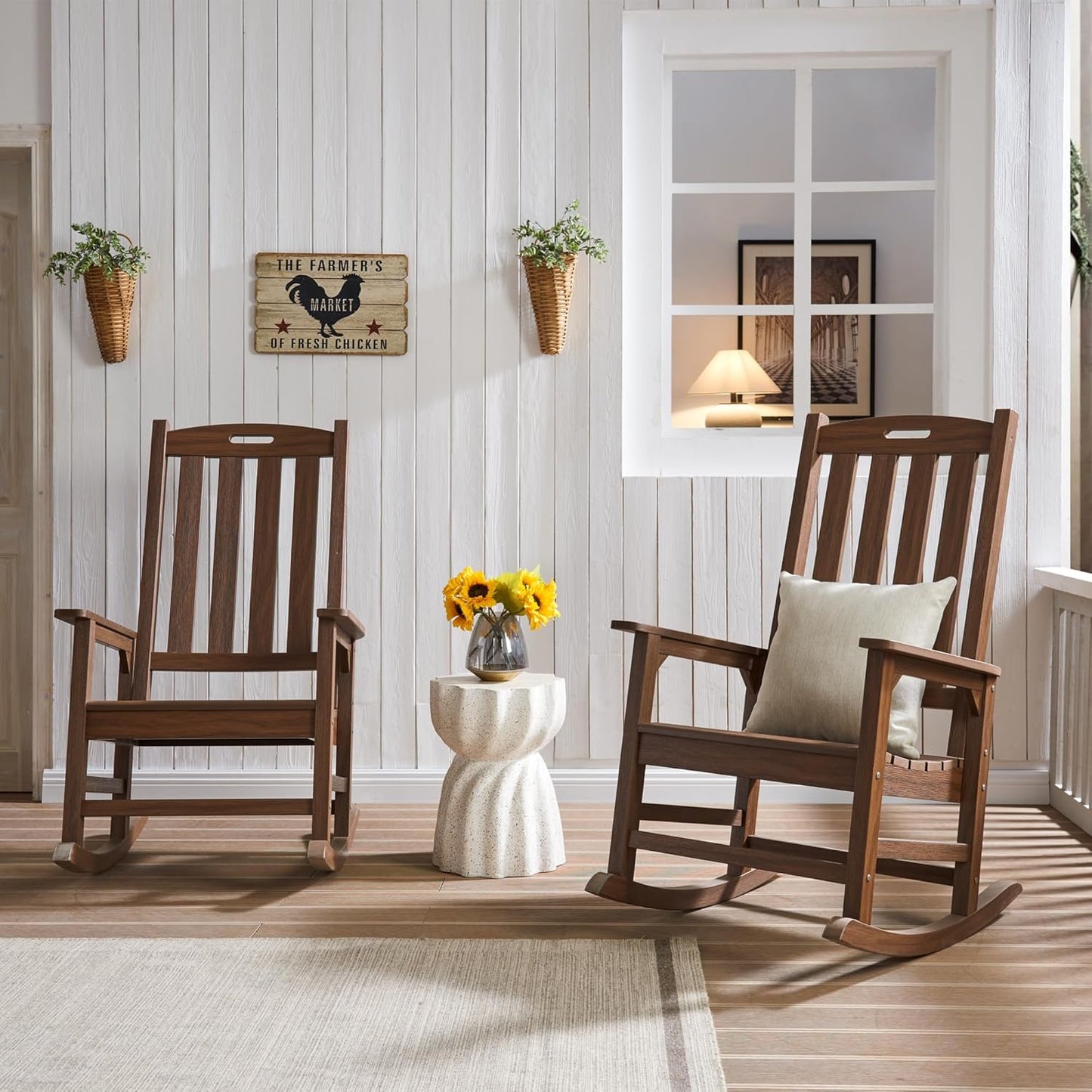 Psilvam Outdoor Rocking Chair, Poly Lumber Oversized Rocking Chair with 21" Wide Seat and 32" Tall Backrest, Pre-Assembled with Most Components for Effortless Installation(Bright Brown)