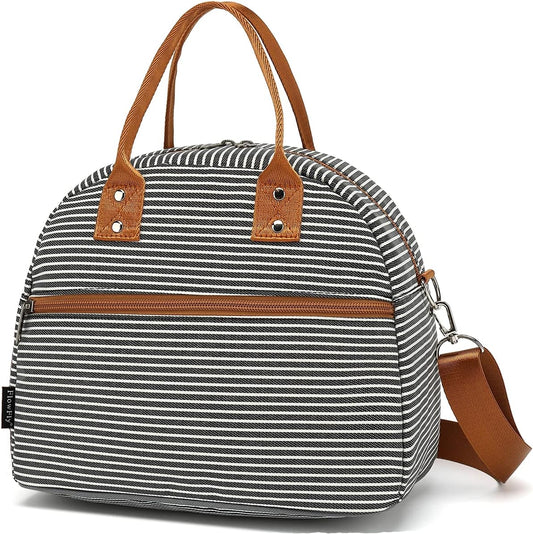 FlowFly Insulated Lunch Bag With Shoulder Strap for Women, Men, and Kids, Large and Reusable, Handle, Freezable Work and School Travel Tote and Meal Prep Organizer,White and Black Stripes