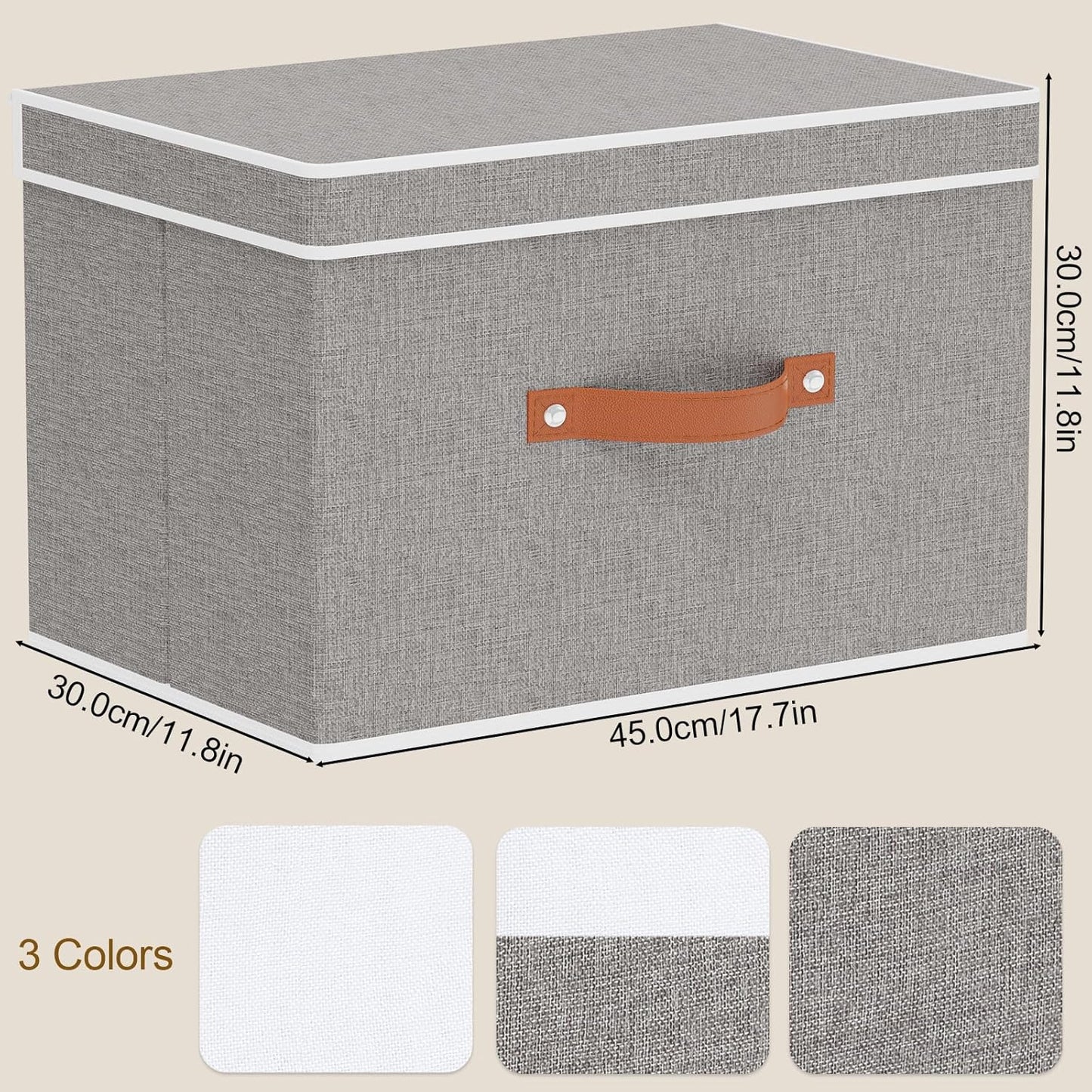 Collapsible Storage Bins with Lids, Linen Foldable Cloth Baskets, 17.7 x 11.8 x 11.8 Inch Closet Organizer Containers with Double Handles, Sweater Boxes for Bedroom, Grey, 5 Pack