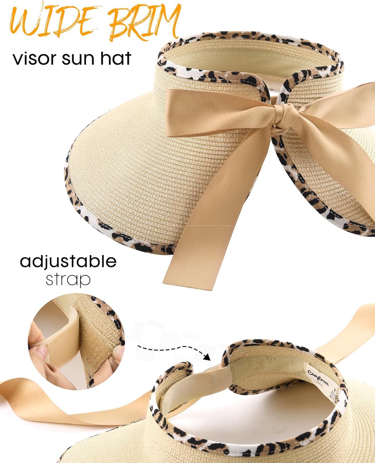 Camptrace Sun Visors for Women Wide Brim Beach Hat Foldable Straw Visor Hat Ponytail Summer Packable UPF 50+