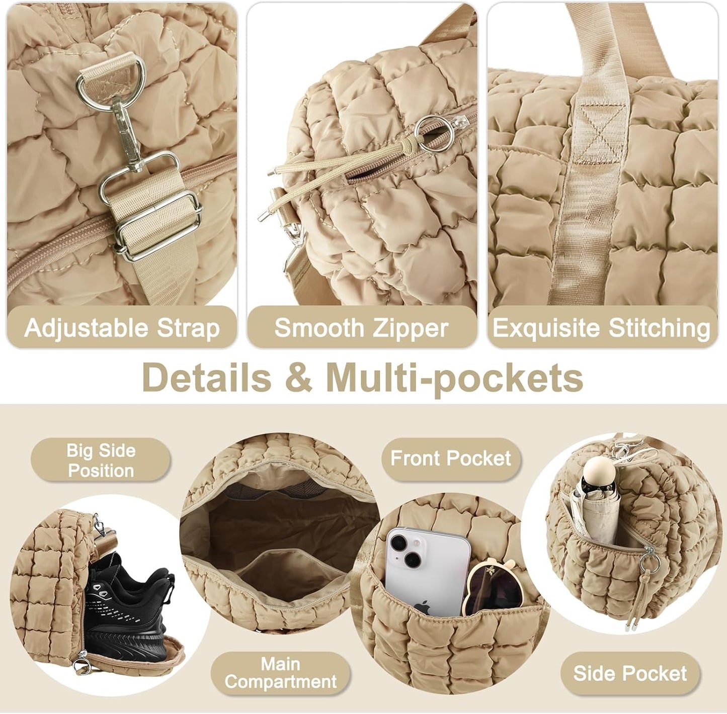 Quilted Travel Duffle Bag Gym Bag for Women,Large Puffer Duffle Weekender Bag with Compartment,Workout Overnight Carry on Organizer Bag Duffle Bag for Airplane Travel(L-Khaki)