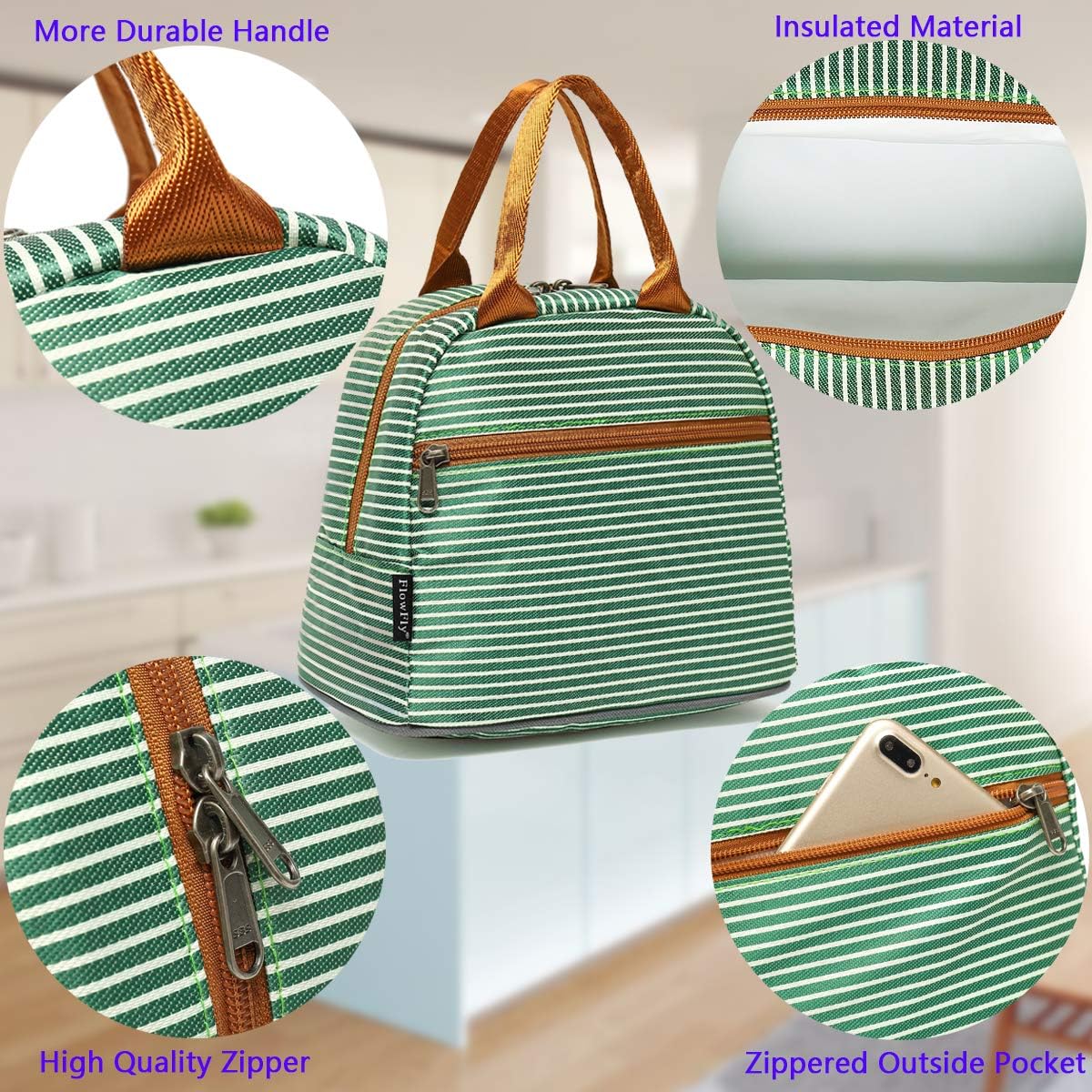 FlowFly Insulated Lunch Cooler Bag - Tote Bag Organizer for Women/Men, Green