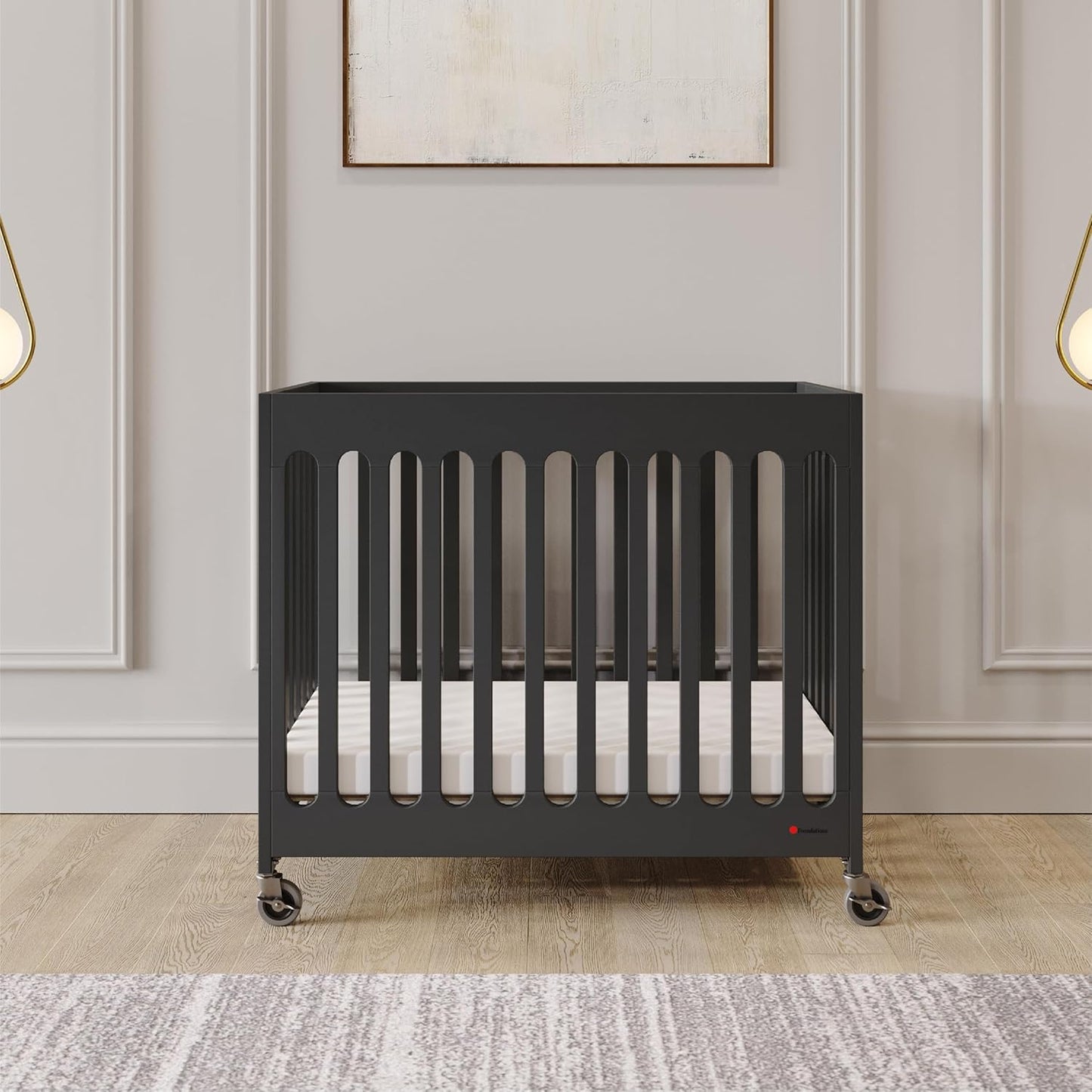 Foundations Boutique Folding Hotel Crib and Sheet Bundle - Includes Wooden Mini Crib with 3" Foam Mattress (Ebony) and 6-Pack White Fitted Compact Sheets