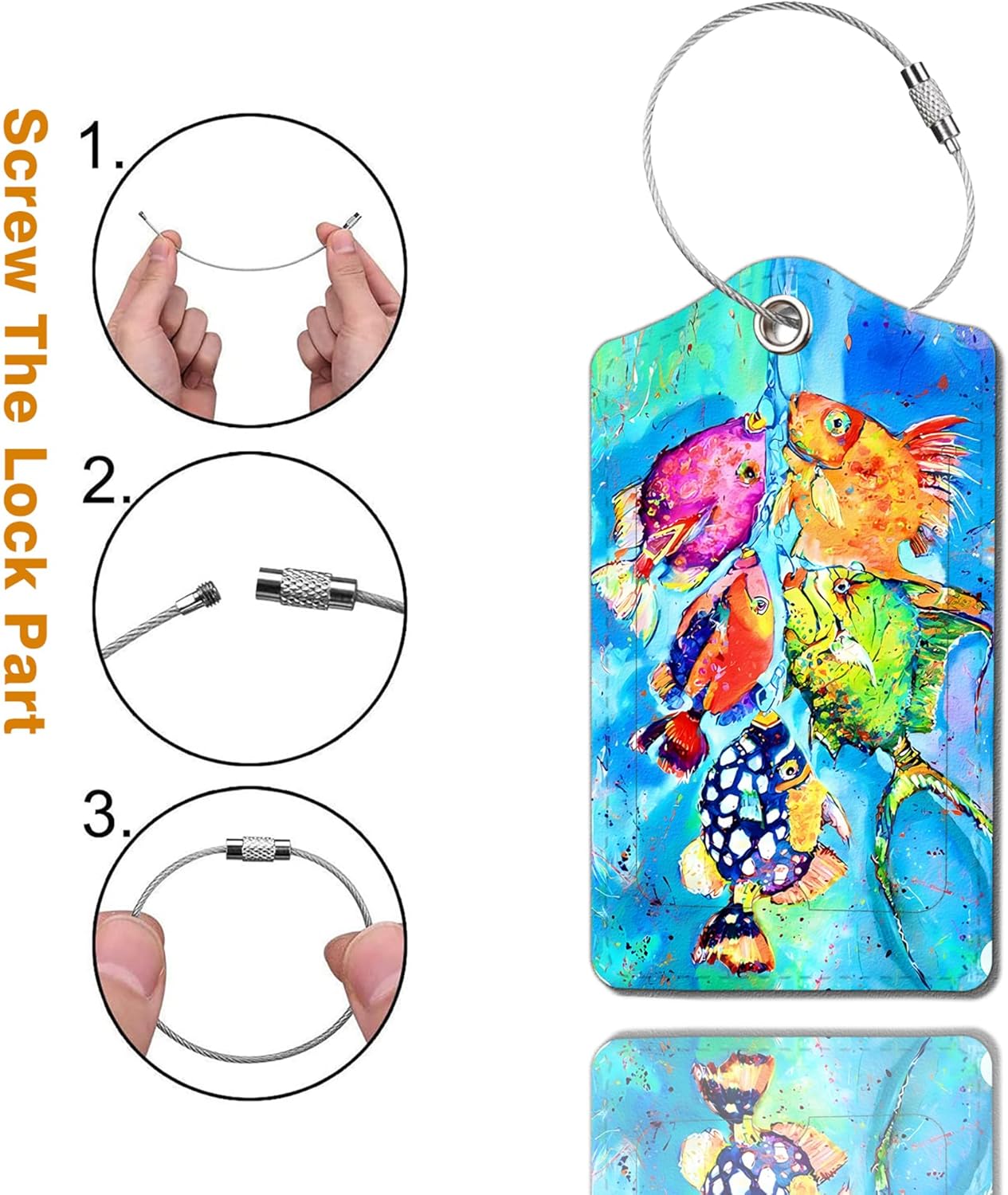 2 Pack Luggage Tag for Suitcase, Cute Unique Leather Bag Tags Identifiers Privacy Cover ID Label with Durable Steel Loop for Women Men Kids Girls Travel，Fish