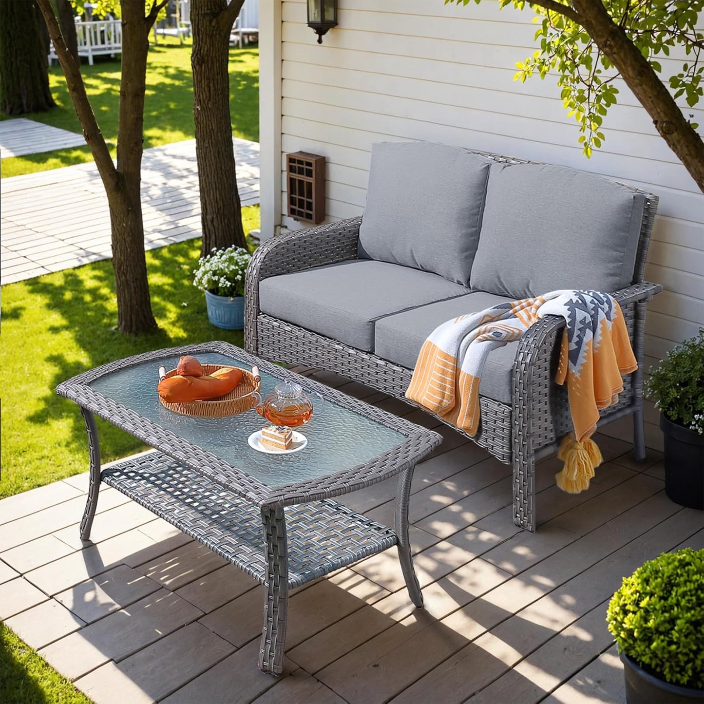 HOOOWOOO Patio Furniture Set,Outdoor High Back Loveseat Set,All Weather Wicker 2-Seater-Sofa Love Seat with Table,Dark Gray