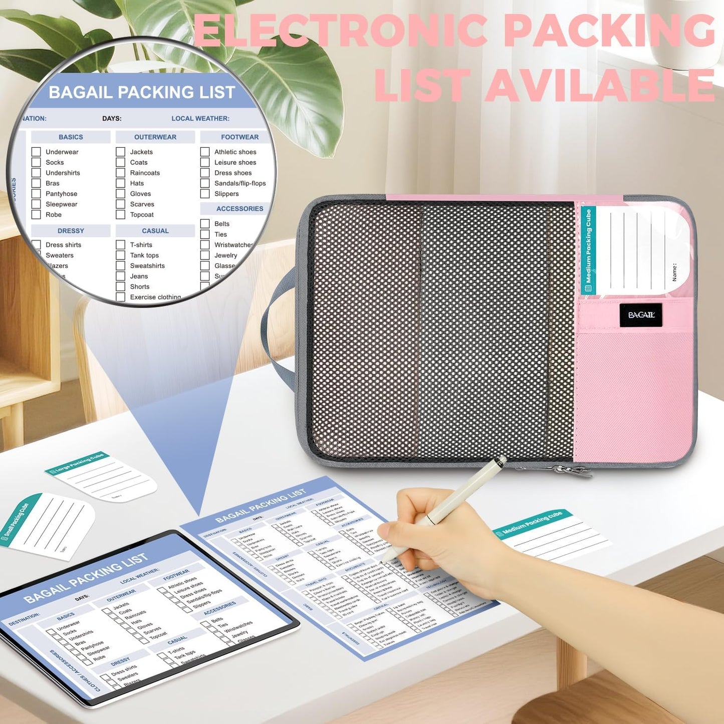 BAGAIL 4/6 Set/8 Set Compression Packing Cubes Travel Accessories Expandable Packing Organizers(HalfMesh, 8-Pink)
